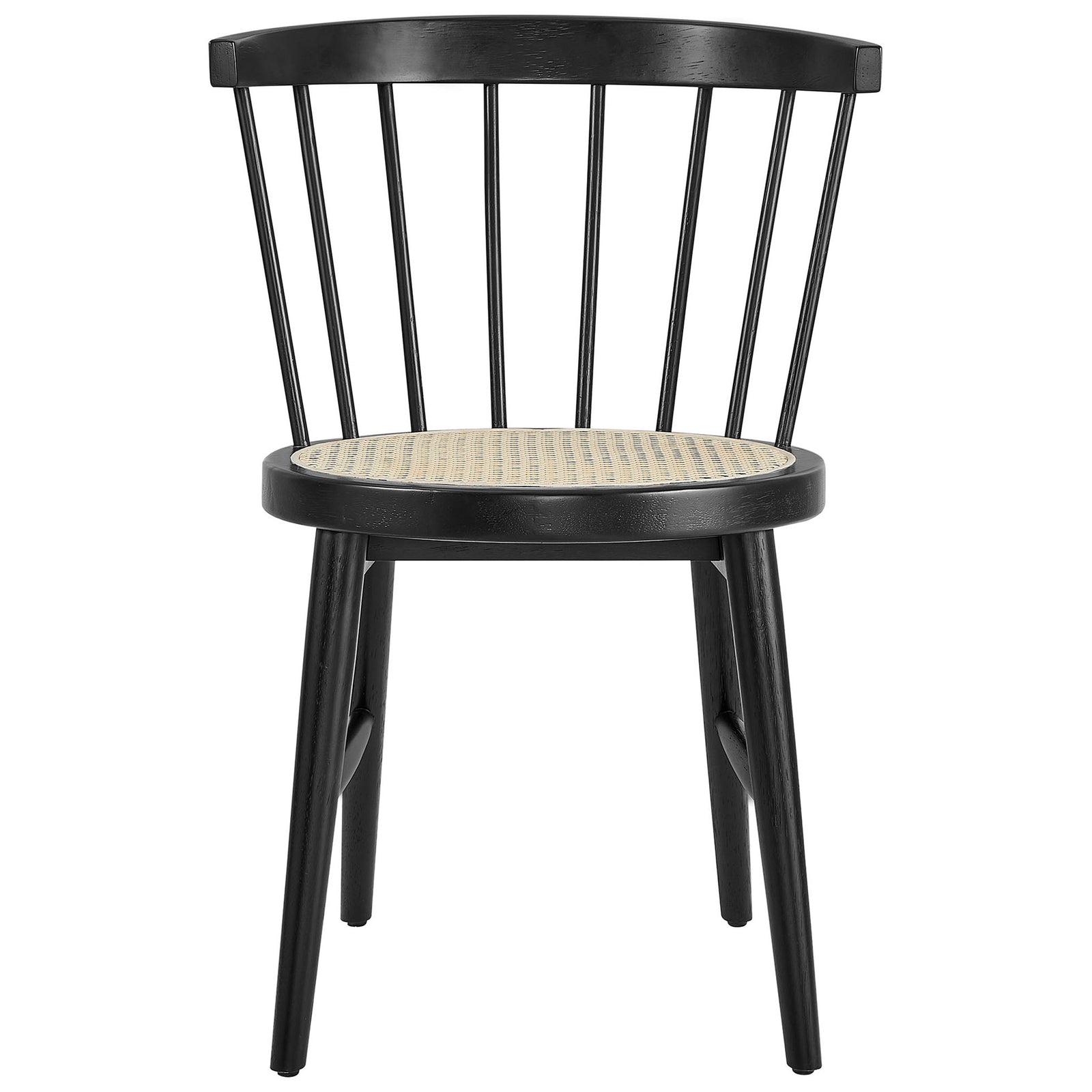 Black curved spindle dining chair with round woven cane seat for airy comfort and timeless style || EEI-7350-BLK || front_studio