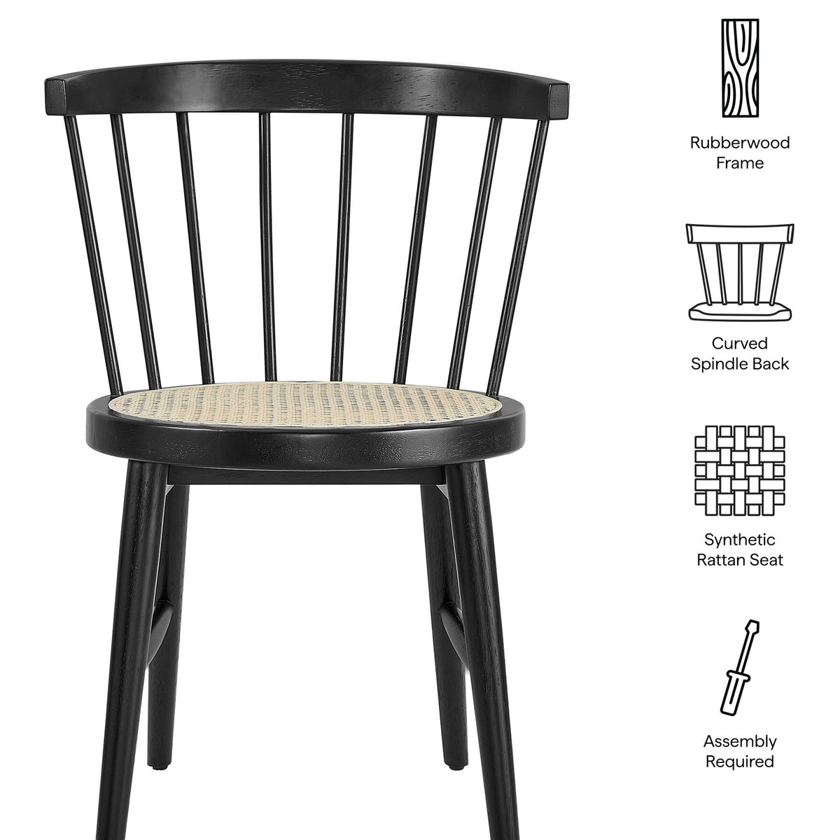 Feature graphic highlighting rubberwood frame, curved spindle back, synthetic rattan seat, and easy assembly || EEI-7350-BLK || callout_studio