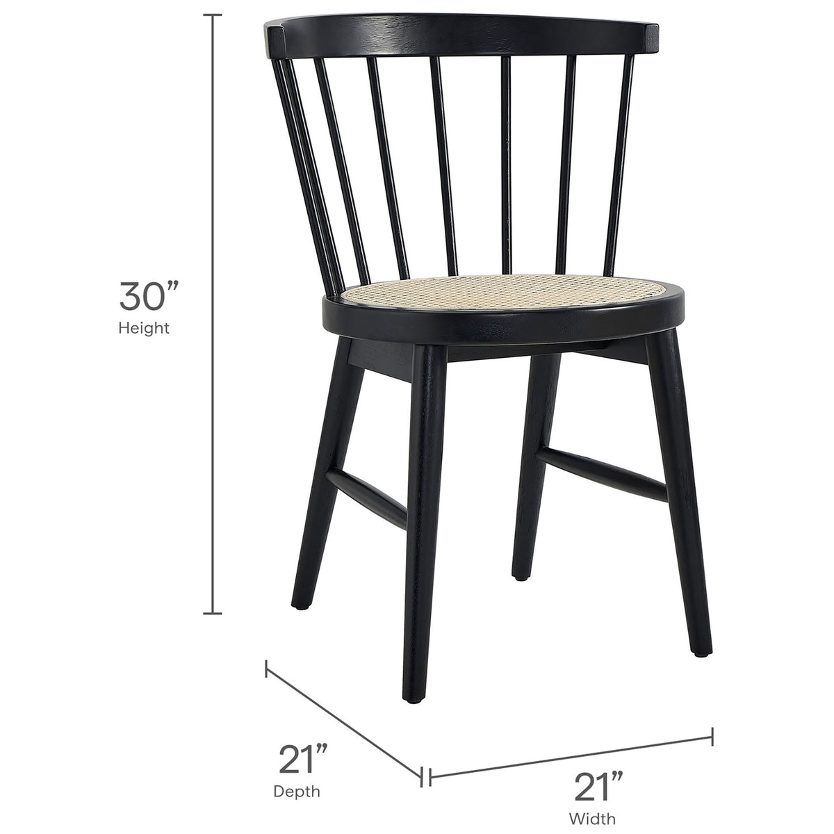 Dimension graphic showing compact 30 inch tall dining chair sized 21 inches wide by 21 inches deep || EEI-7350-BLK || dimension_studio