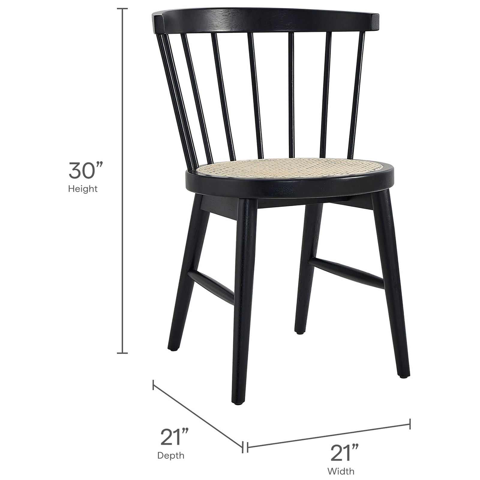 Dimension graphic showing compact 30 inch tall dining chair sized 21 inches wide by 21 inches deep || EEI-7350-BLK || dimension_studio
