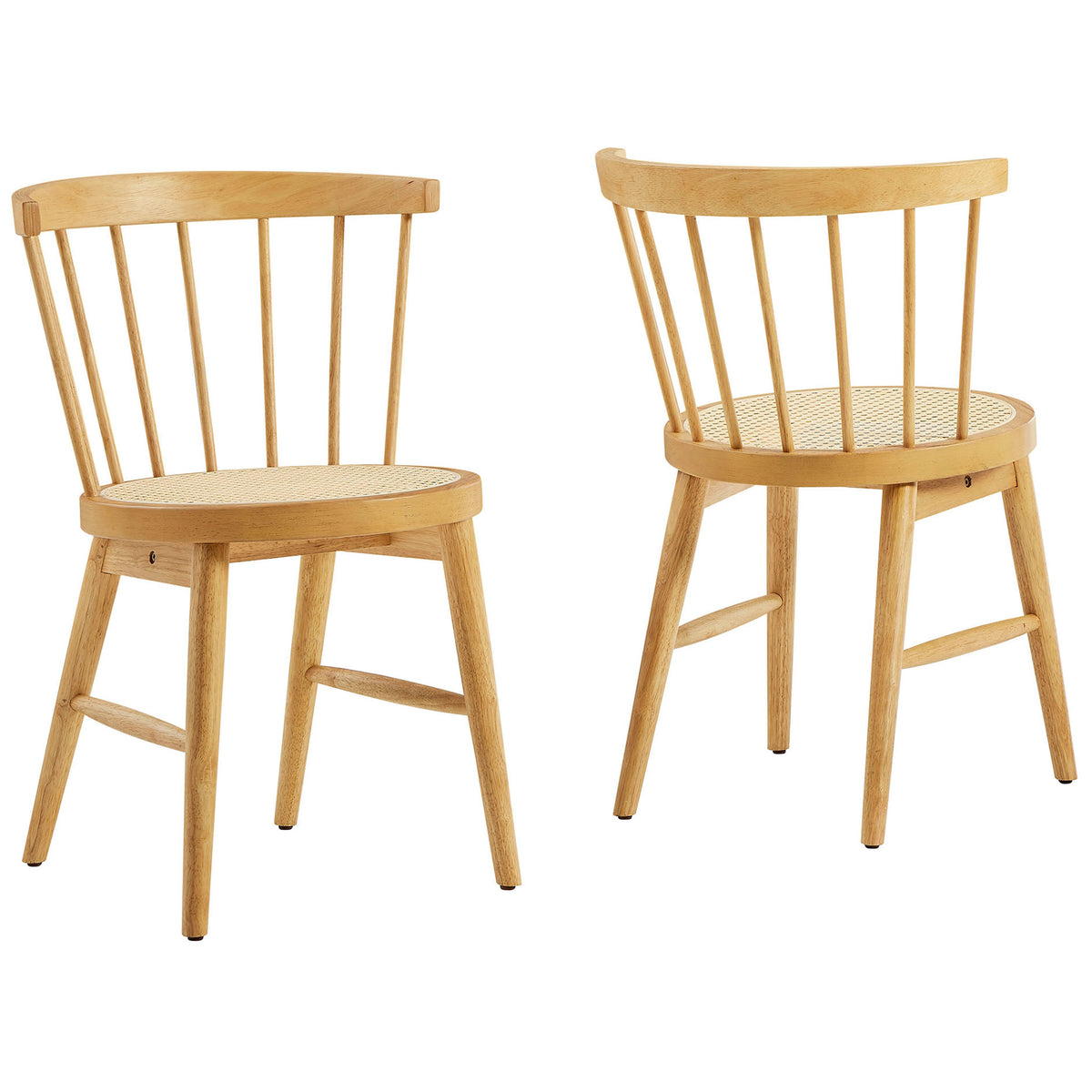 Set of two natural wood dining chairs with curved spindle backs and woven cane seats for coordinated modern style || EEI-7350-NAT || front_angle_multi_studio