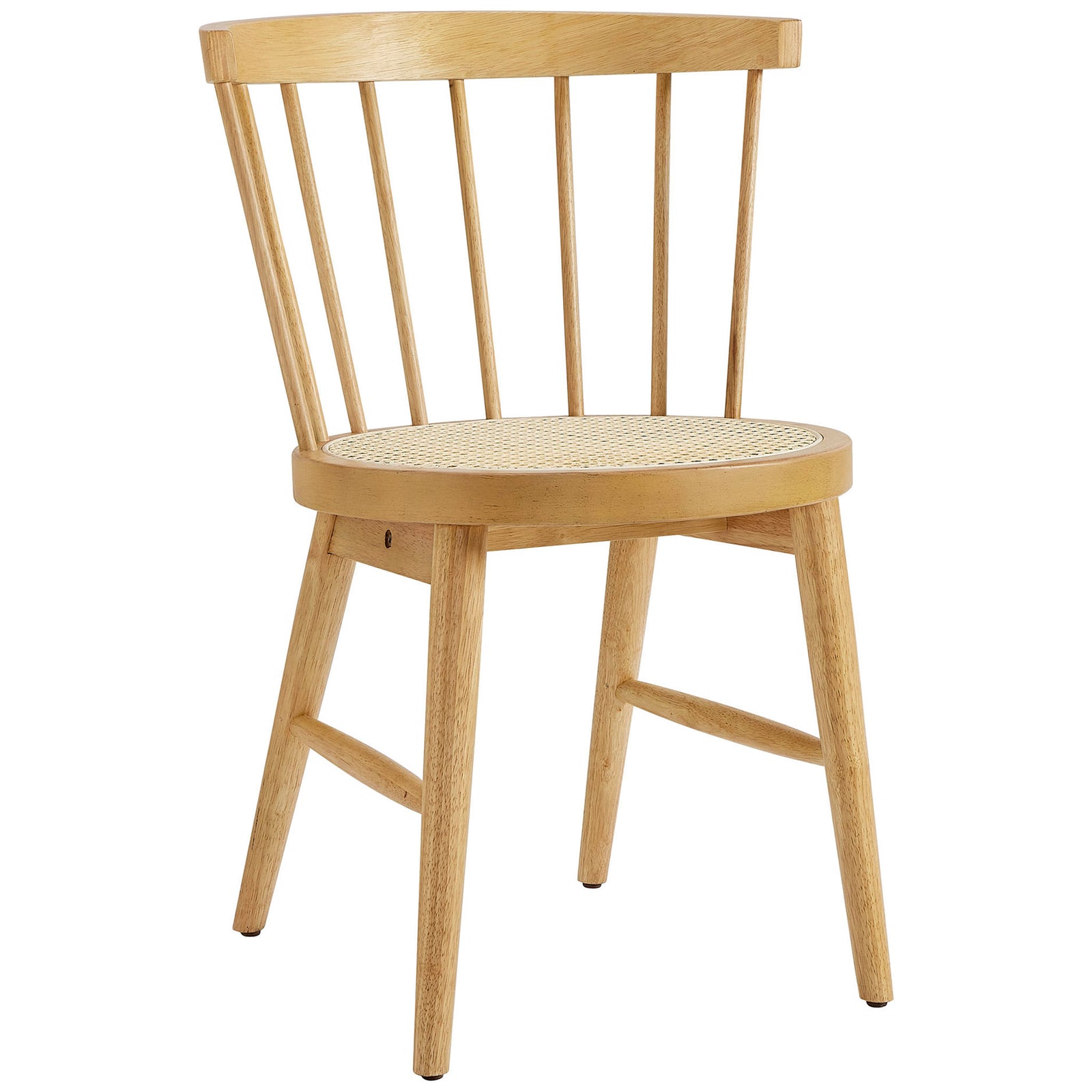 Natural rubberwood dining chair highlighting the rounded backrest and slim spindles for modern farmhouse charm || EEI-7350-NAT || front_angle_studio