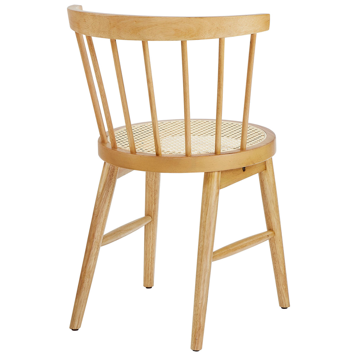 Curved spindle backrest wraps around the round cane seat, creating supportive comfort and open, sculptural lines || EEI-7350-NAT || back_angle_studio