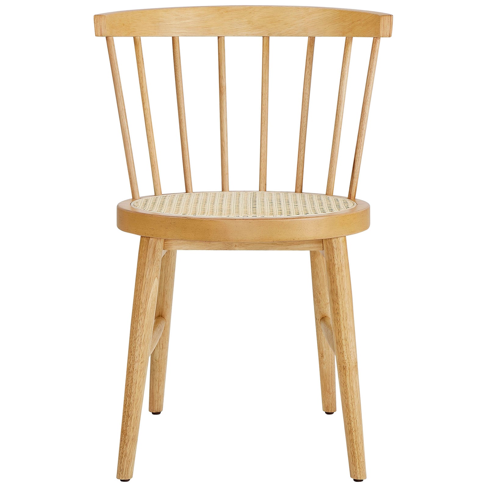 Natural wood dining chair with curved spindle back and round woven cane seat for airy, casual style || EEI-7350-NAT || front_studio