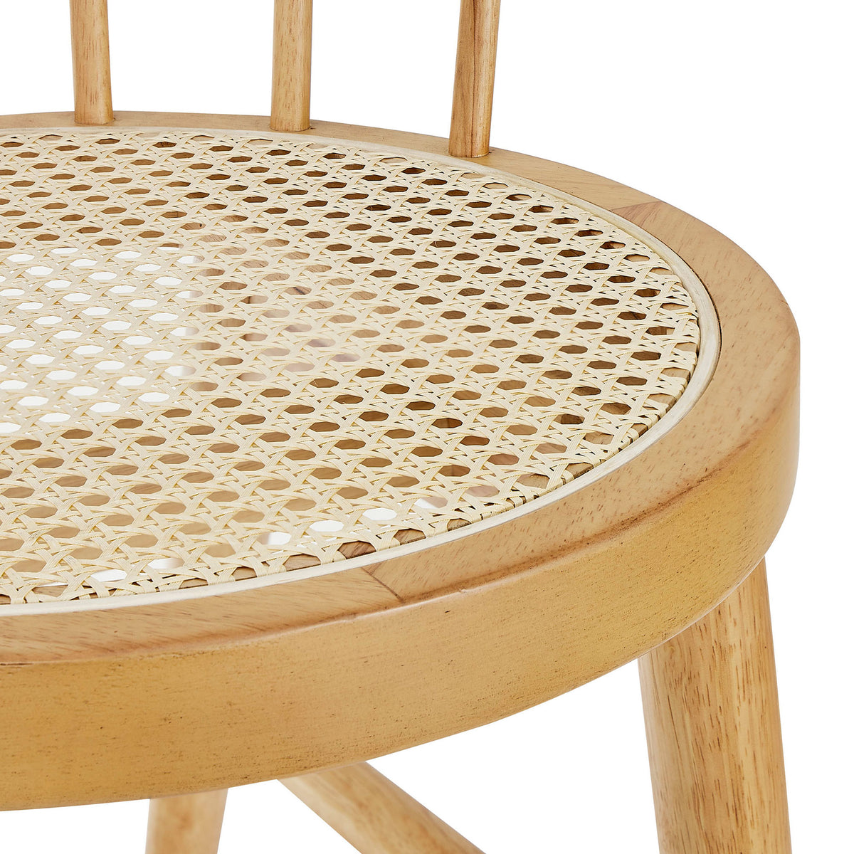 Woven synthetic cane seat framed by smooth natural rubberwood adds texture and light, breathable comfort || EEI-7350-NAT || detail_studio