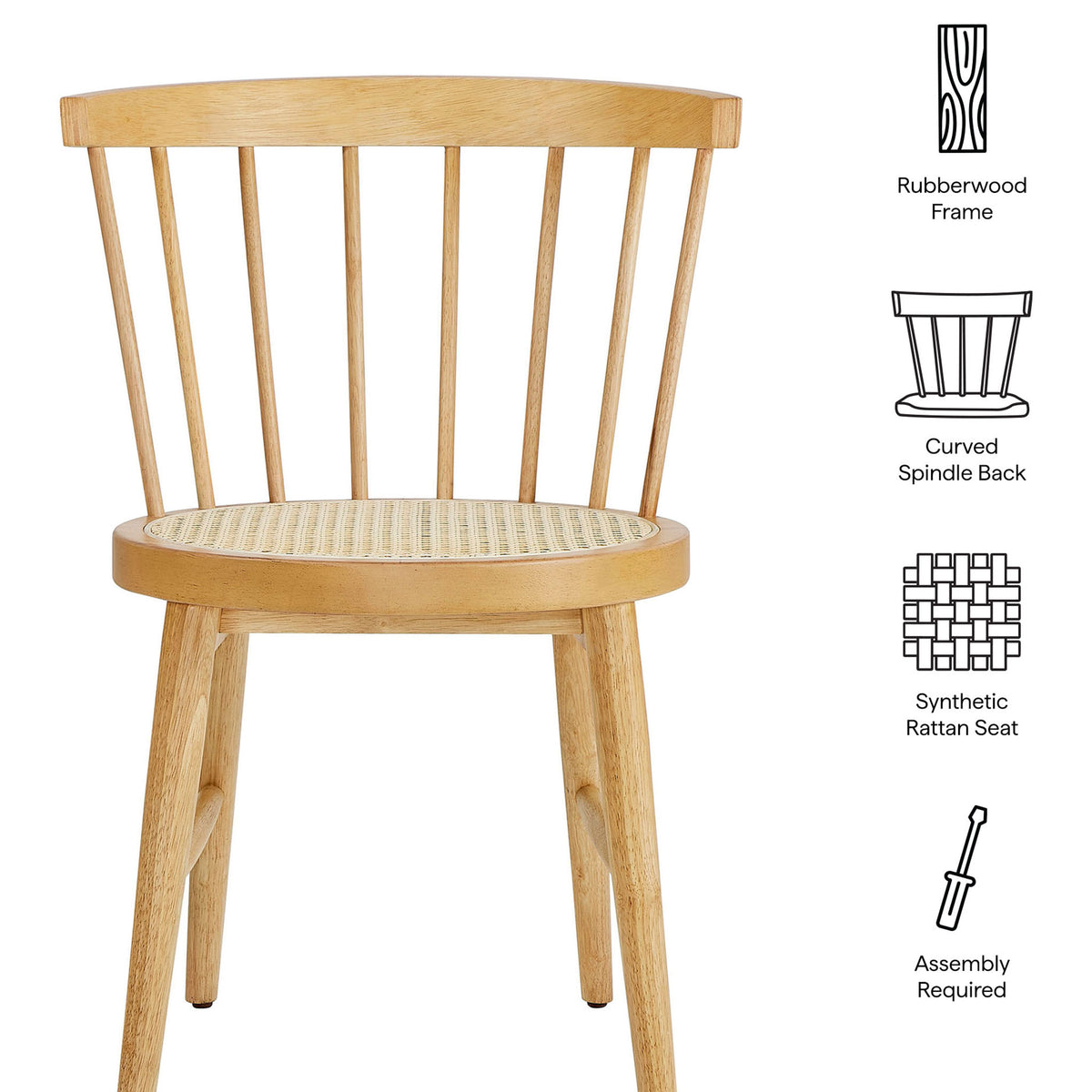 Feature graphic highlighting the Lykke chair rubberwood frame, curved spindle back, woven cane seat, and assembly details || EEI-7350-NAT || callout_studio