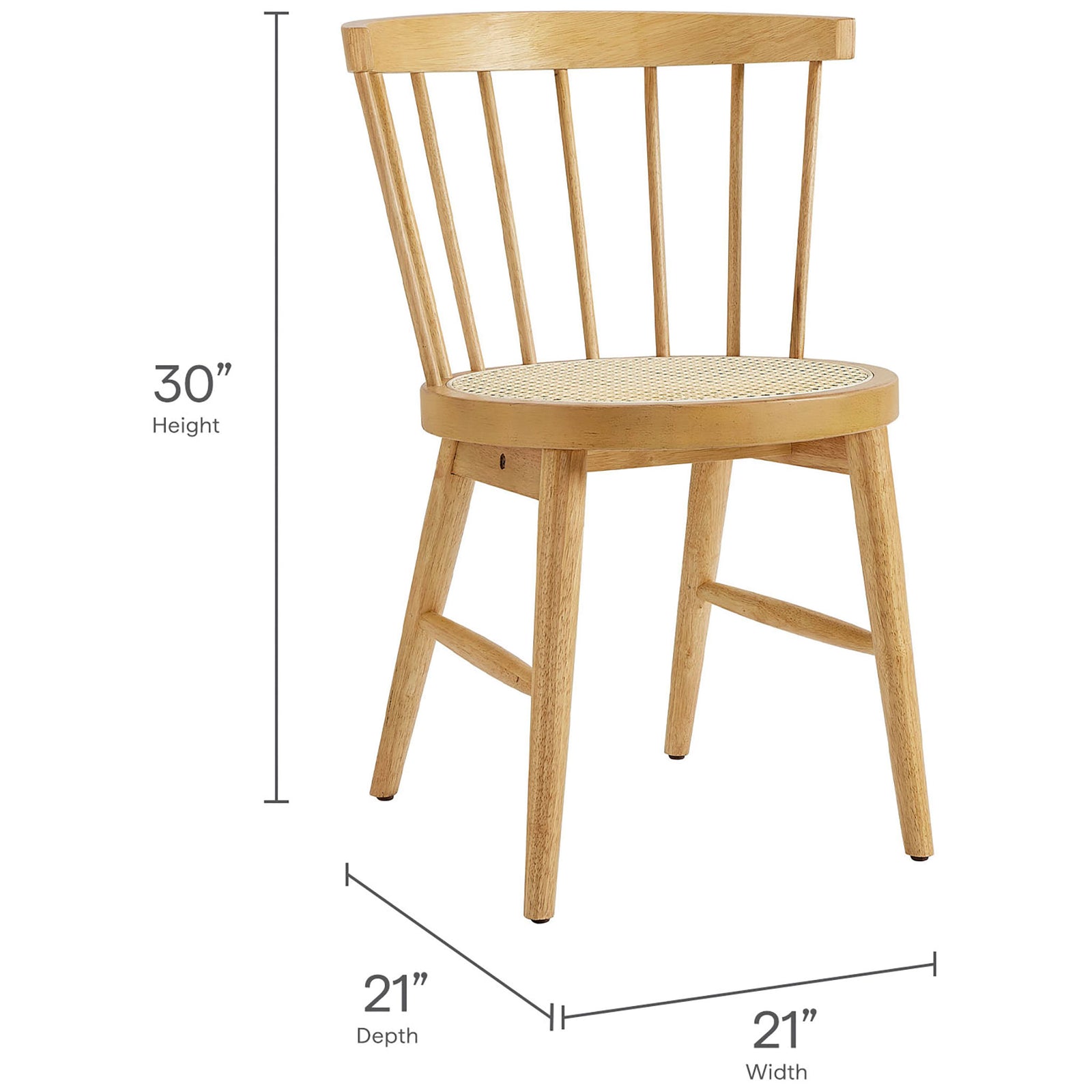 Dimension graphic for the Lykke dining chair showing 30 in height and 21 in wide by 21 in deep seat || EEI-7350-NAT || dimension_studio