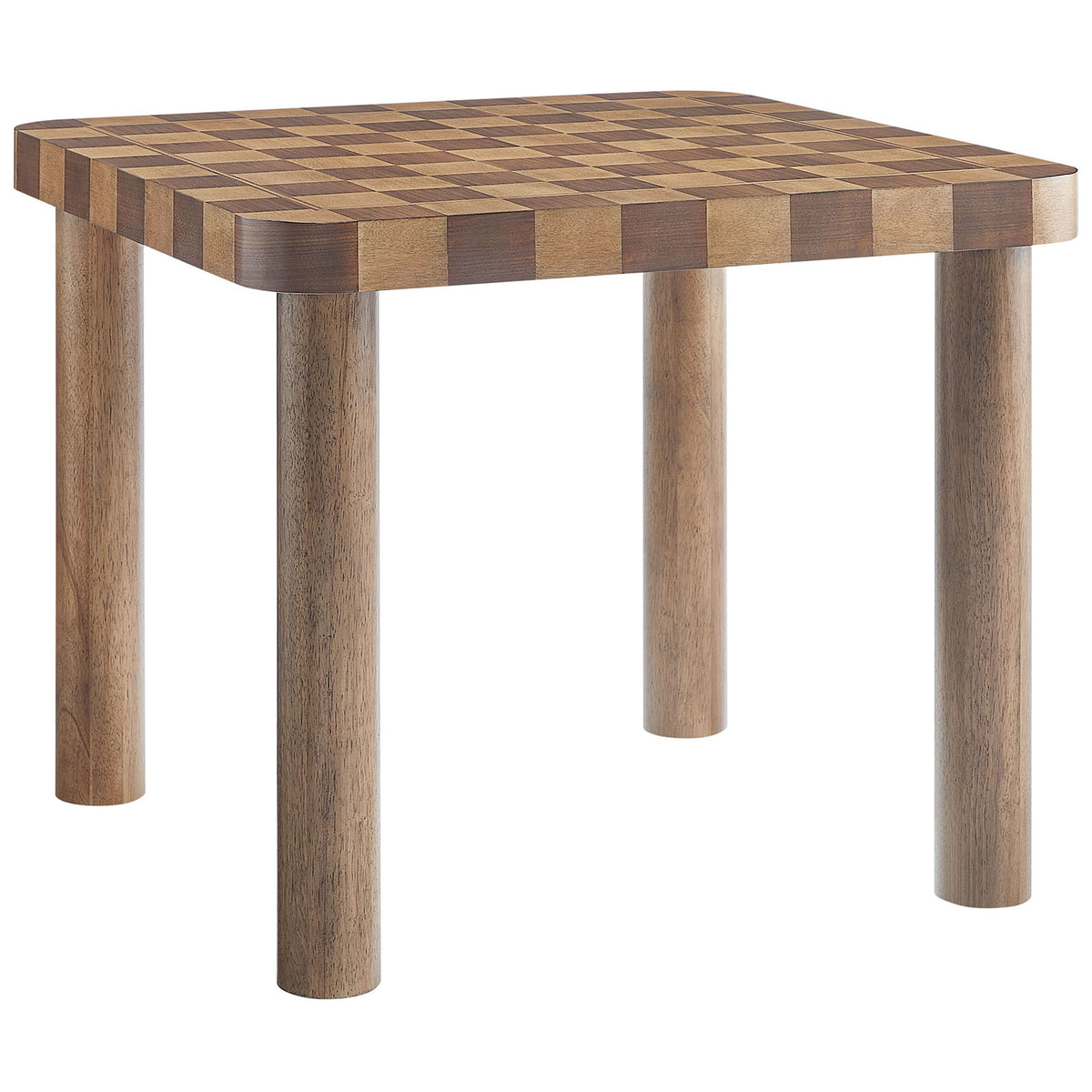 Checkered walnut square game table with rounded corners and chunky cylindrical legs || EEI-7351-DWC || front_angle_studio