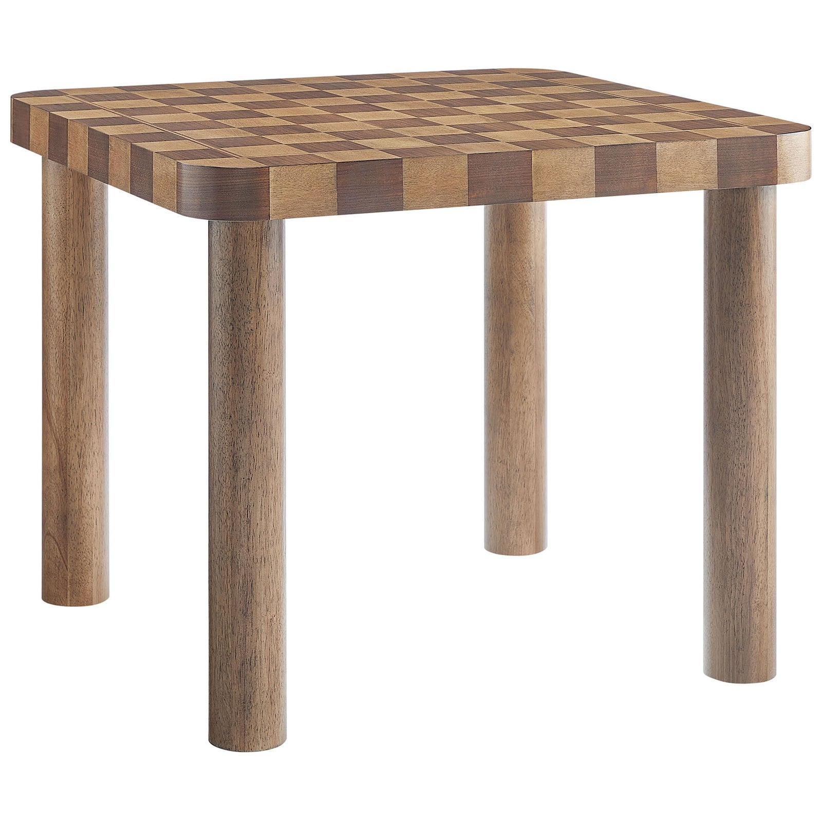Checkered walnut square game table with rounded corners and chunky cylindrical legs || EEI-7351-DWC || front_angle_studio