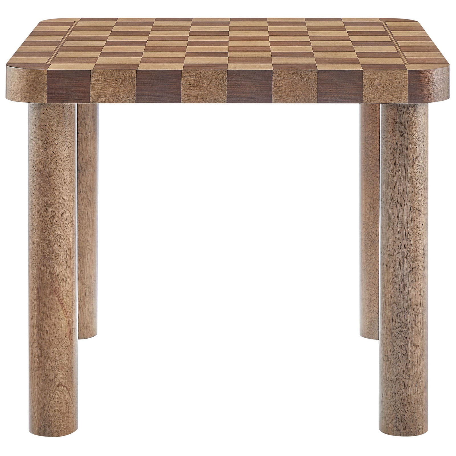 Square checkered dining table with bold edge pattern and warm two-tone wood finish || EEI-7351-DWC || front_studio