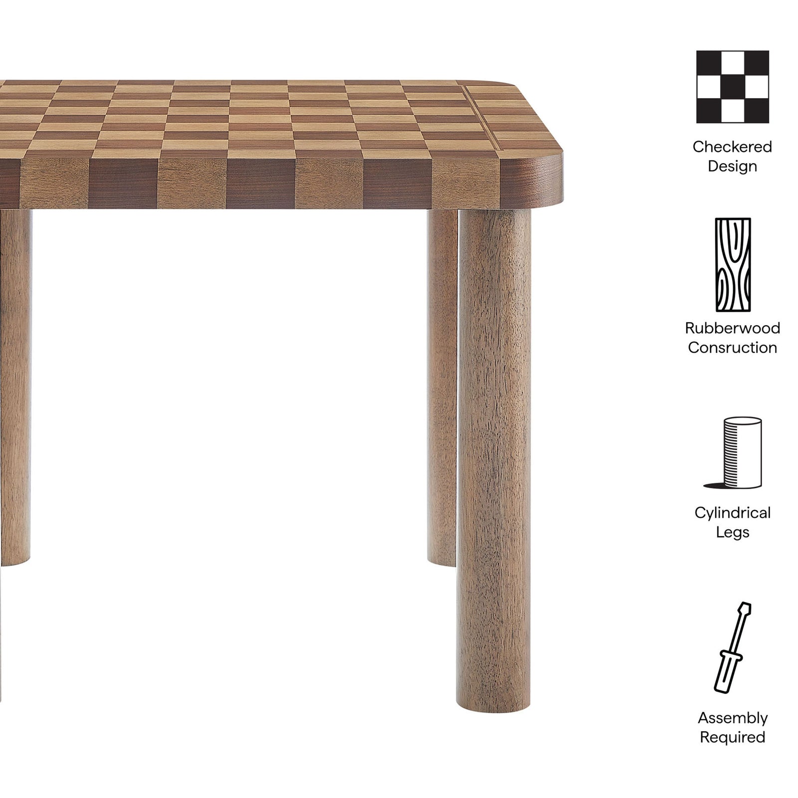 Feature callouts highlight the checkered design, rubberwood construction, and cylindrical legs of the table || EEI-7351-DWC || callout_studio