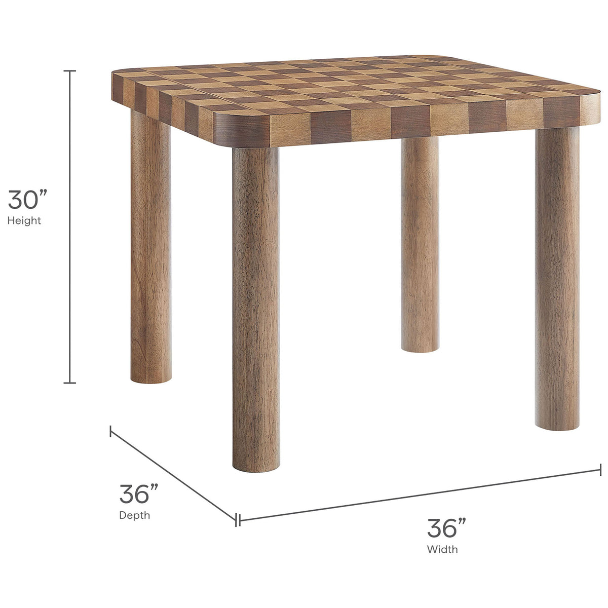 Dimension diagram showing the 36 inch square tabletop and 30 inch height of the checkered dining table || EEI-7351-DWC || dimension_studio