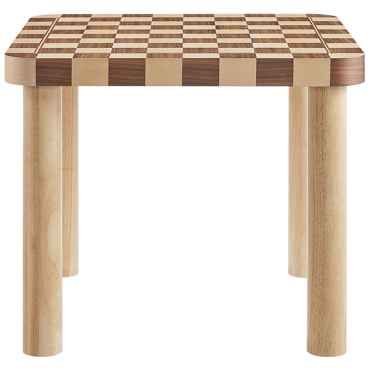 Oscar dining table highlights a bold oak and walnut checkerboard tabletop with smooth rounded edges. || EEI-7351-OWC || front_studio