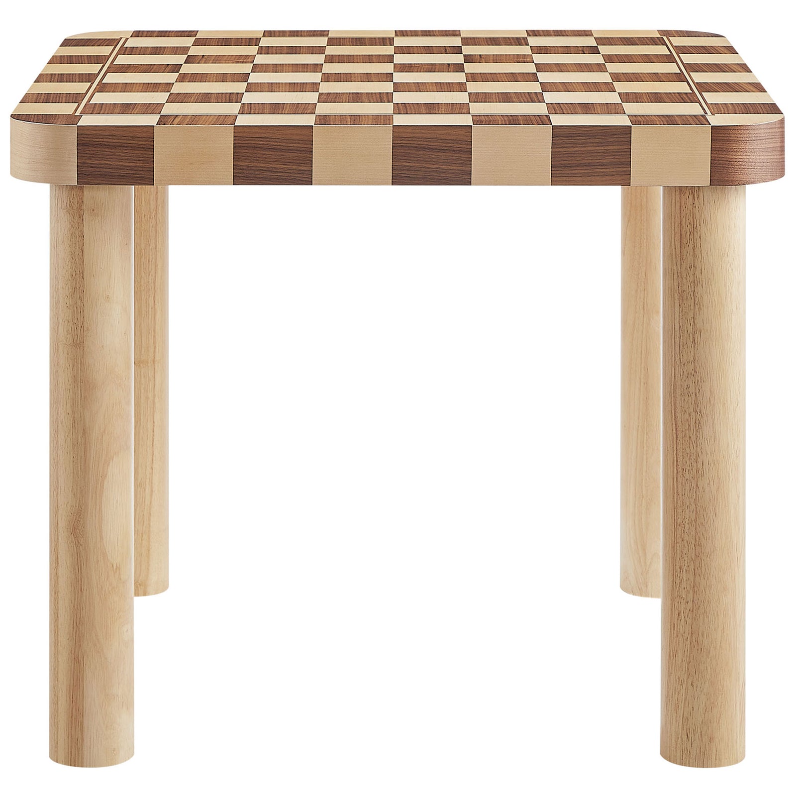 Oscar dining table highlights a bold oak and walnut checkerboard tabletop with smooth rounded edges. || EEI-7351-OWC || front_studio