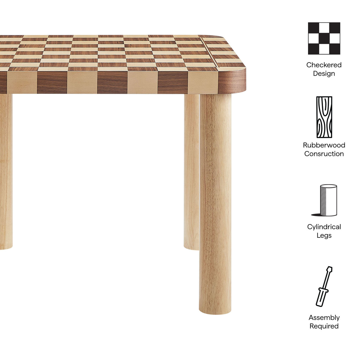 Key features include a checkered design, rubberwood construction, and bold cylindrical legs. || EEI-7351-OWC || callout_studio