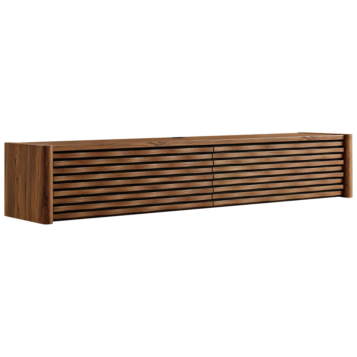 Walnut floating TV cabinet with sculpted wave slat doors and a sleek, wall-mounted profile || EEI-7352-WAL || front_angle_studio