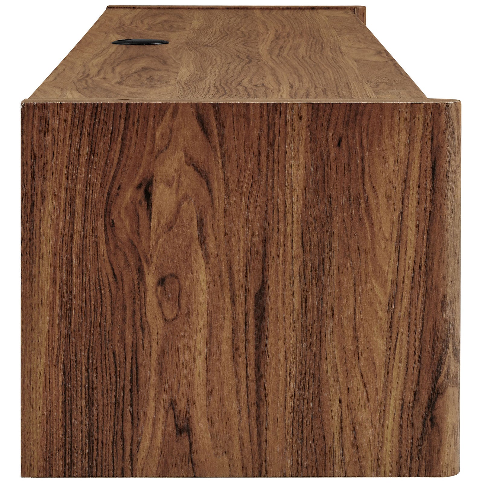 Rich walnut wood grain along the cabinet side highlights the smooth, rounded edges and quality finish || EEI-7352-WAL || side_studio