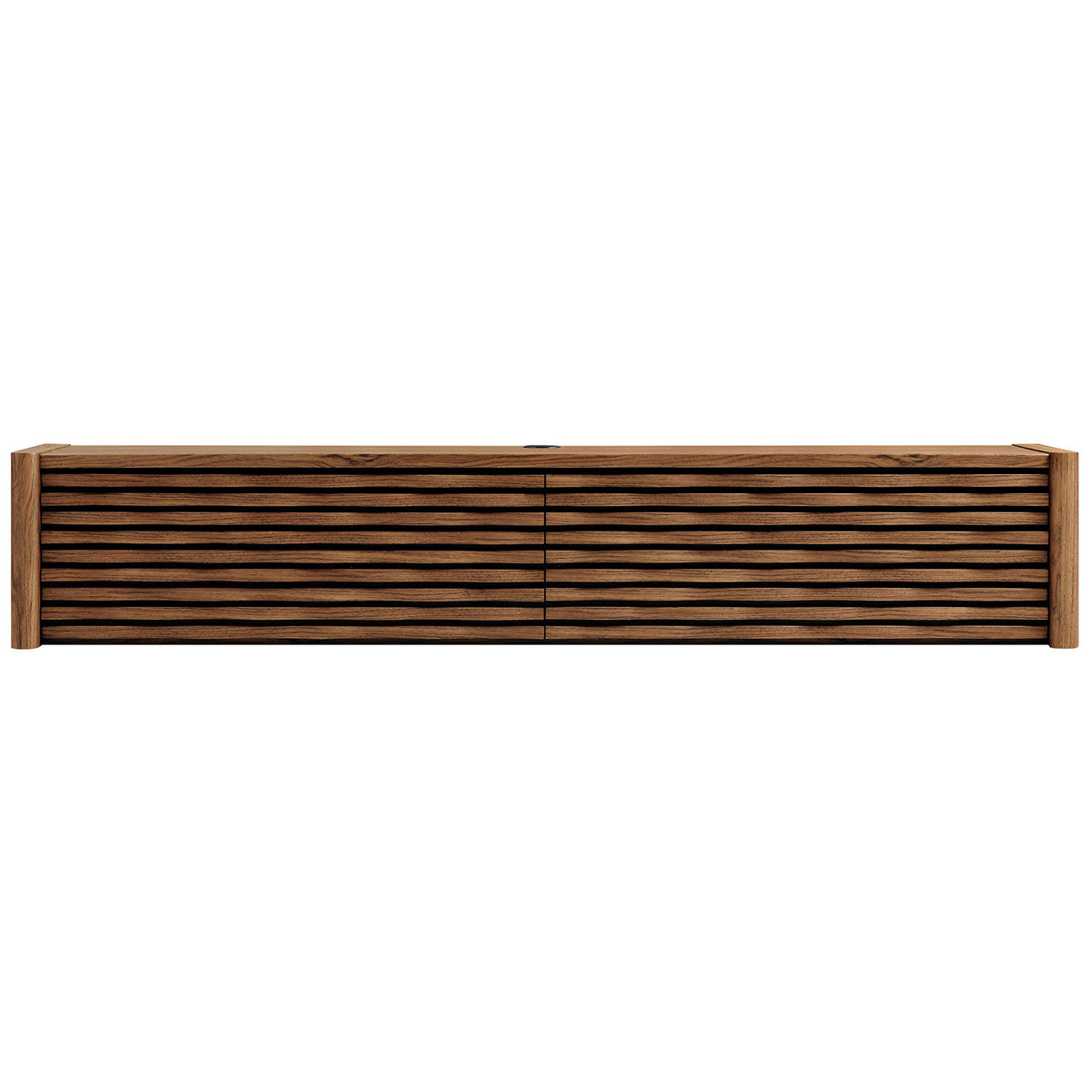 Minimalist walnut media console with push-to-open wave doors for streamlined, handle-free TV storage || EEI-7352-WAL || front_studio