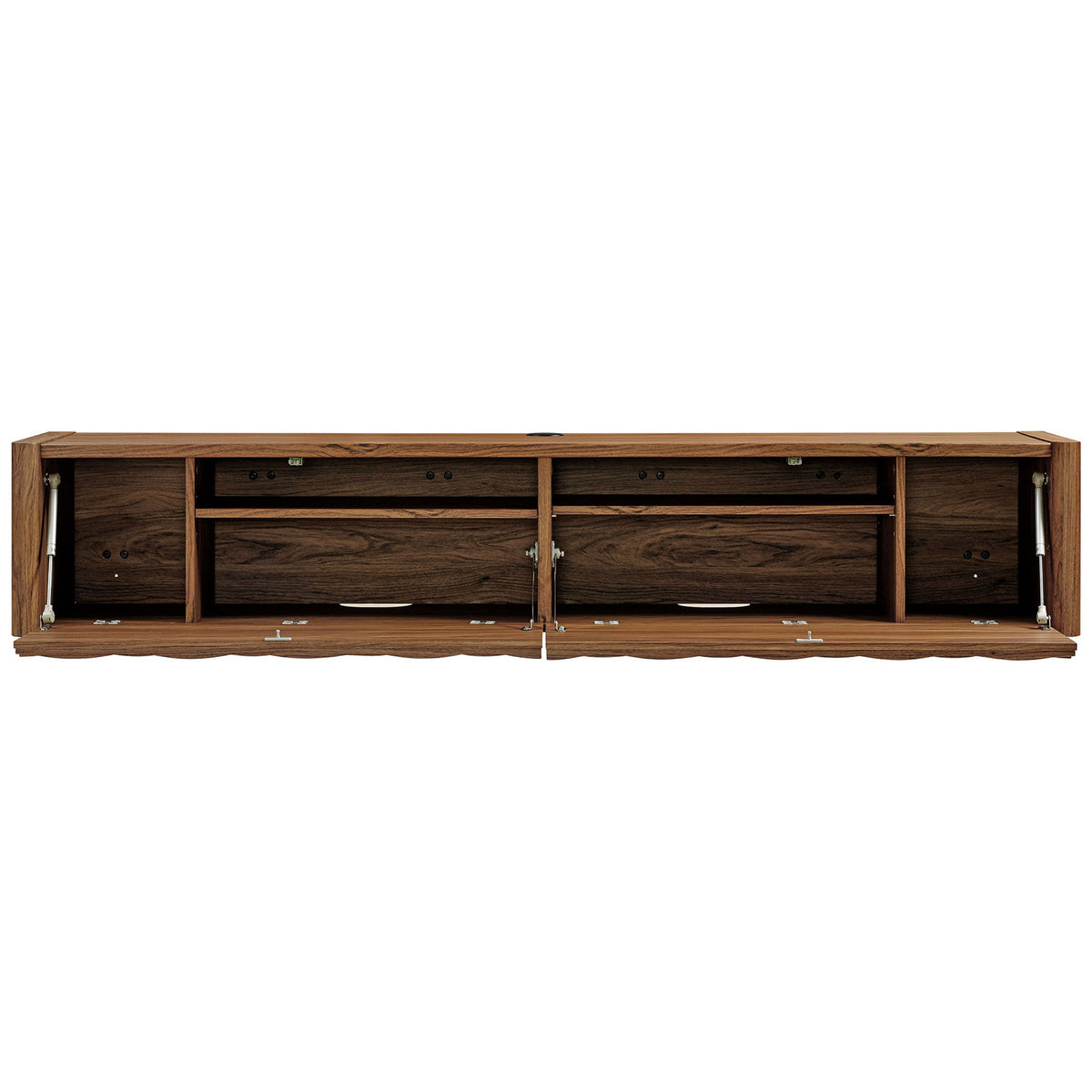 Drop-down doors reveal spacious interior shelving and cable management slots for organized media components || EEI-7352-WAL || front_open_studio