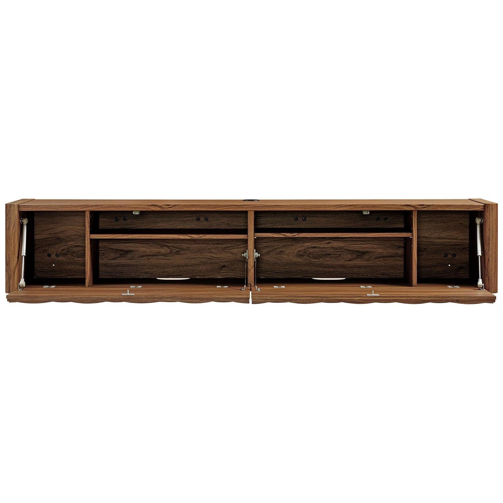 Drop-down doors reveal spacious interior shelving and cable management slots for organized media components || EEI-7352-WAL || front_open_studio