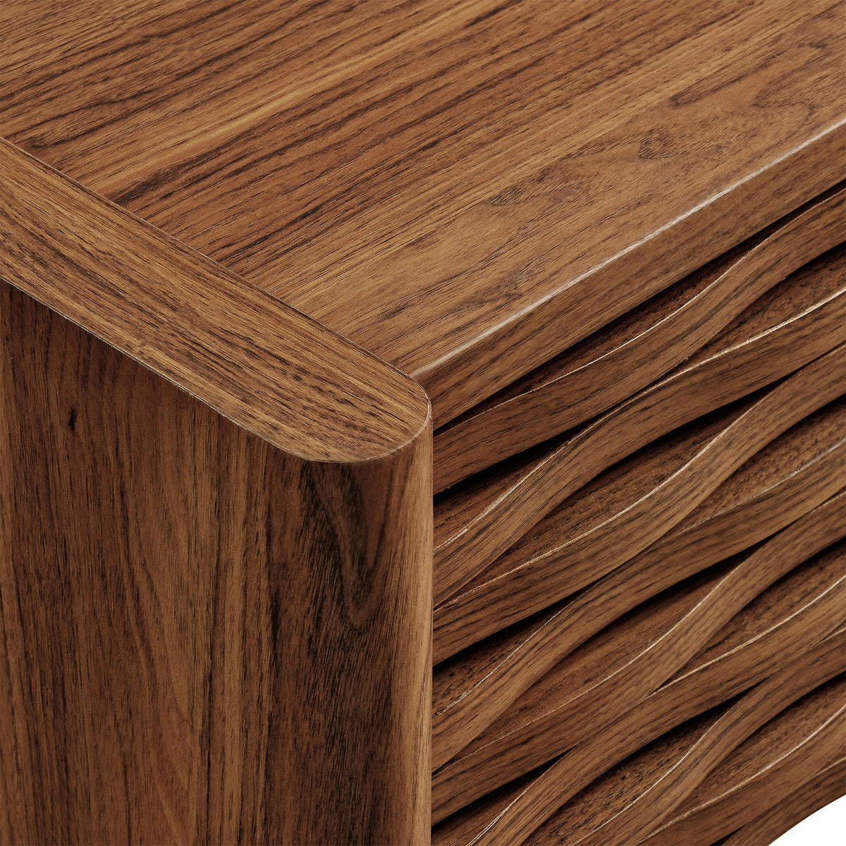 Curved corner and sculpted wave slat detailing add soft, organic texture to the walnut TV cabinet || EEI-7352-WAL || detail_studio
