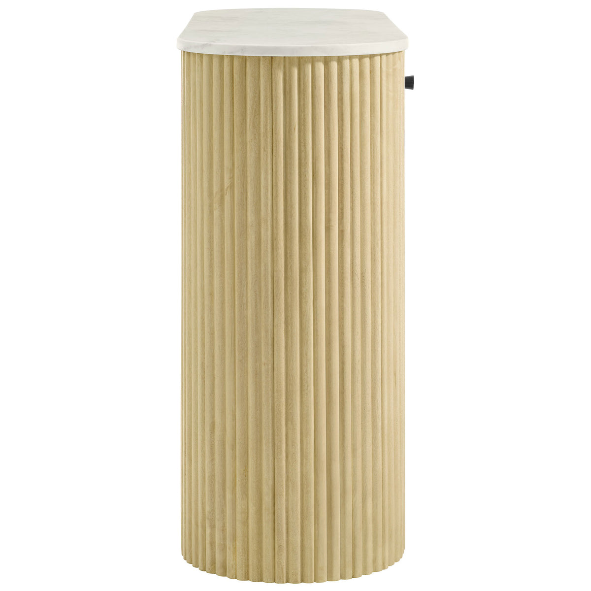 Rounded pillar leg with deep fluted texture highlights the console table's seamless, curved profile. || EEI-7353-NAT || side_studio