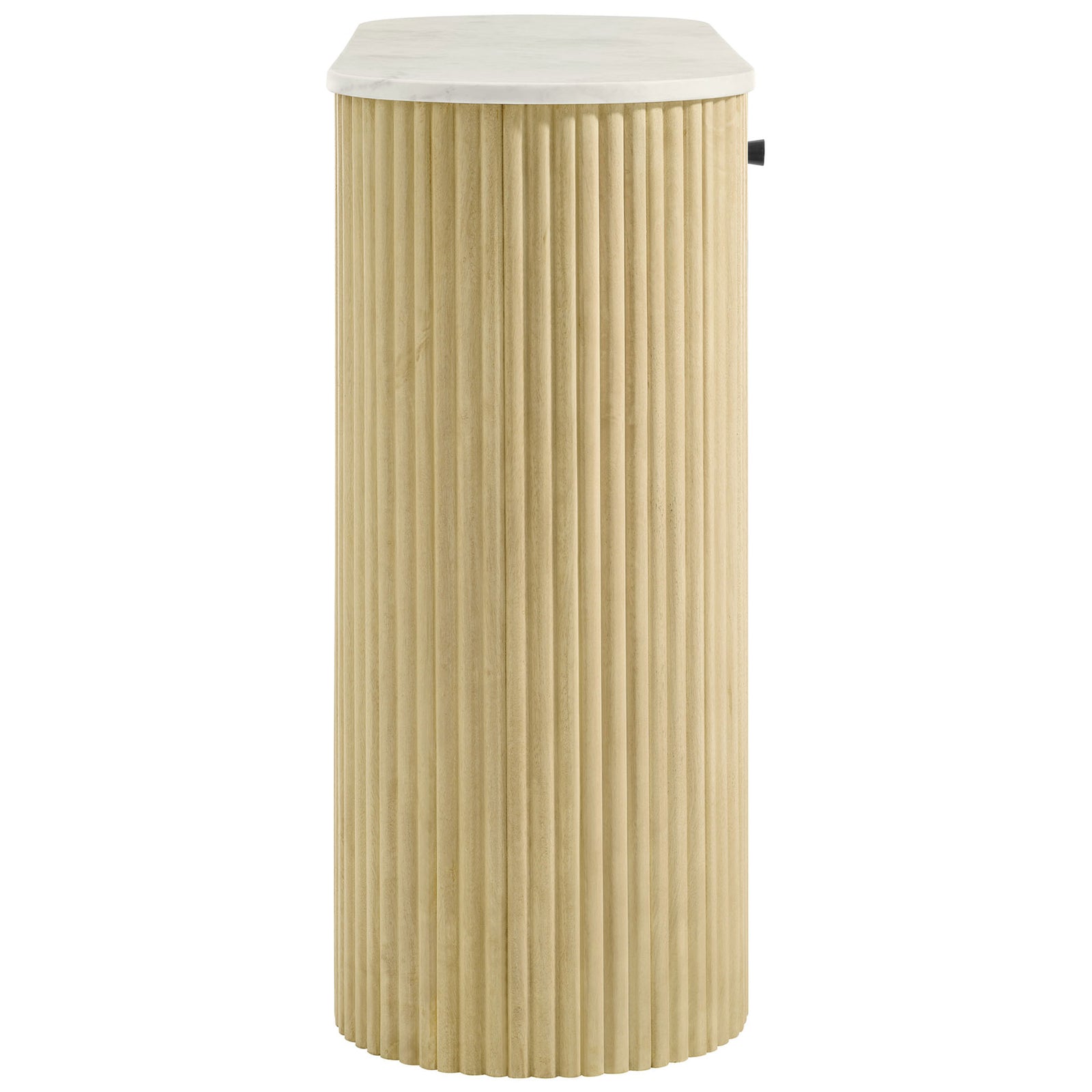 Rounded pillar leg with deep fluted texture highlights the console table's seamless, curved profile. || EEI-7353-NAT || side_studio