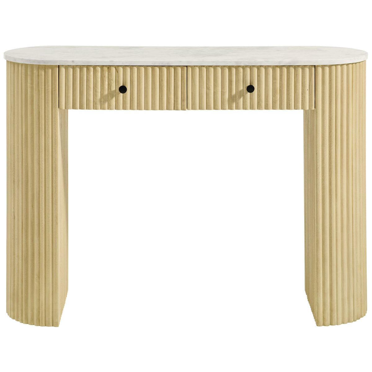 Curved console with fluted solid wood base and oval marble top, finished with sleek black knobs. || EEI-7353-NAT || front_studio