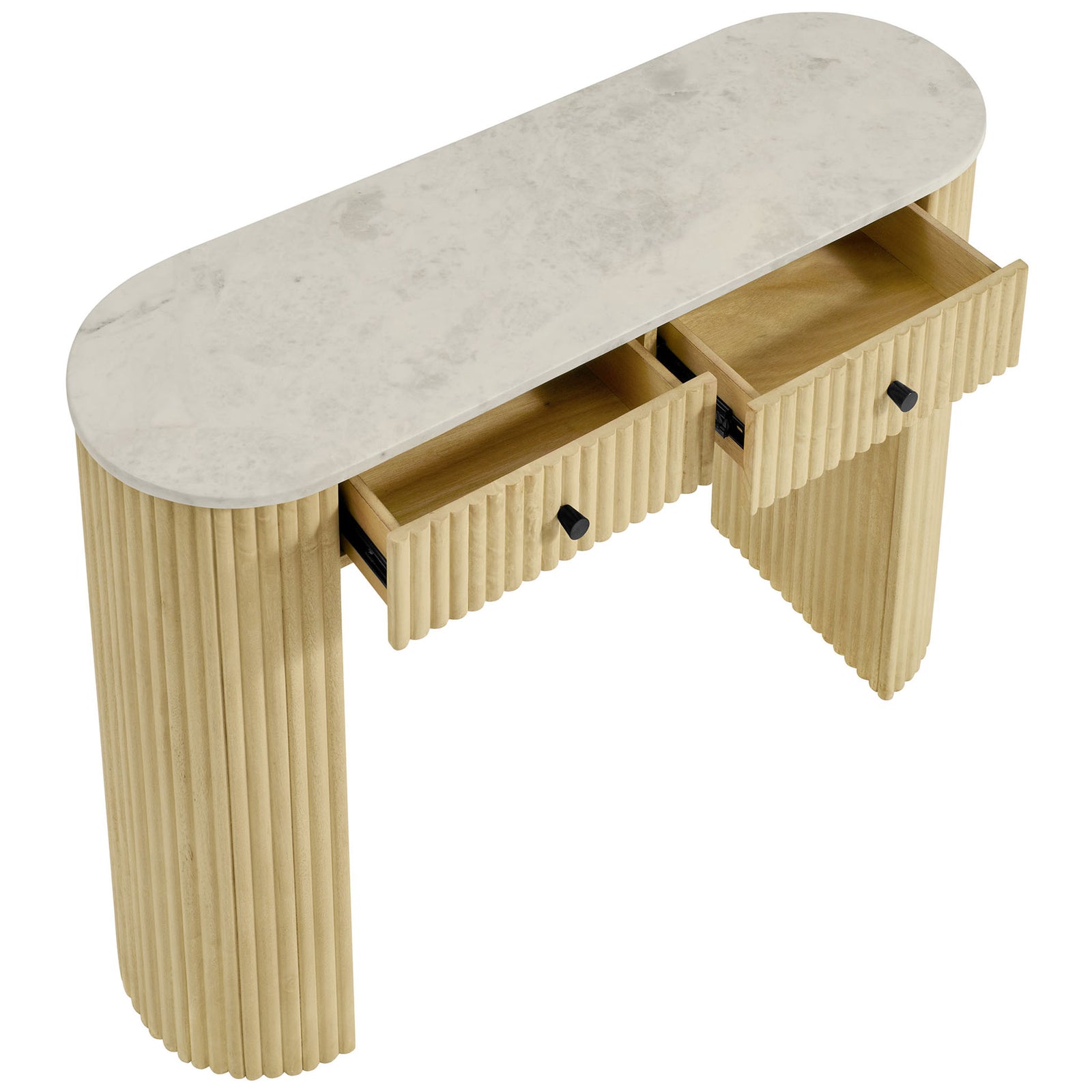 Genuine marble top and two smooth-gliding drawers add elegant storage for entryway or living room essentials. || EEI-7353-NAT || top_angle_open_studio