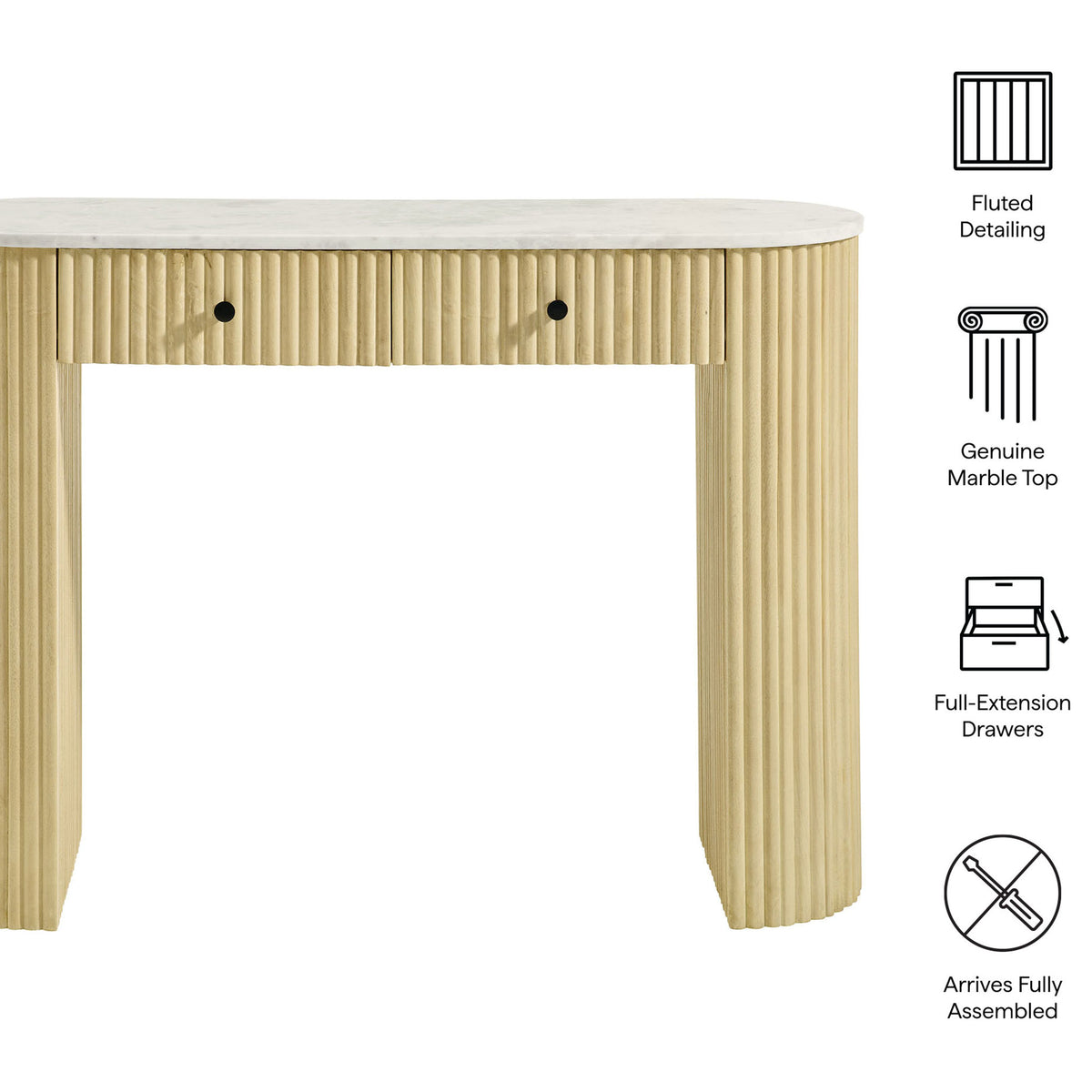 Key features include fluted detailing, genuine marble top, full-extension drawers, and fully assembled design. || EEI-7353-NAT || callout_studio