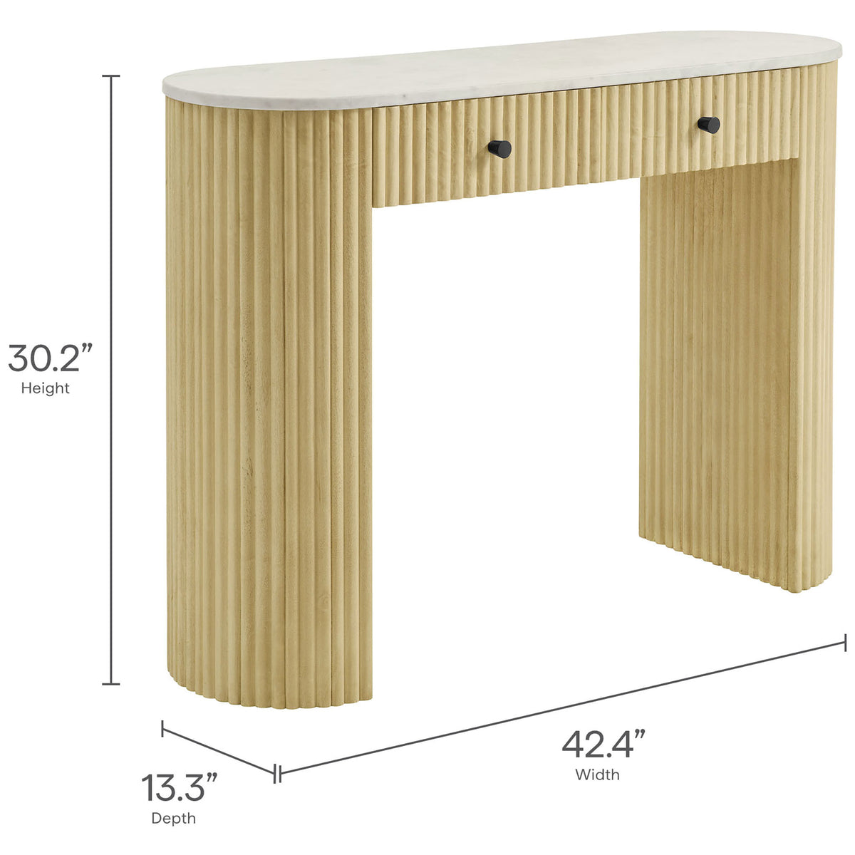 Console table dimensions shown for easy fit: 42.4 in wide, 13.3 in deep, 30.2 in high. || EEI-7353-NAT || dimension_studio