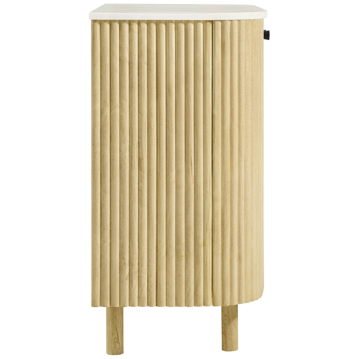Curved fluted wood cabinet with slim depth, rounded side, and white marble top on slender legs || EEI-7354-NAT || side_studio