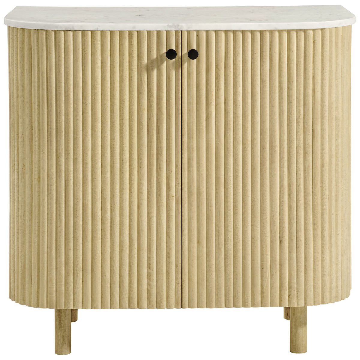 Curved fluted wood storage cabinet with white marble top and twin black knobs on raised legs || EEI-7354-NAT || front_studio