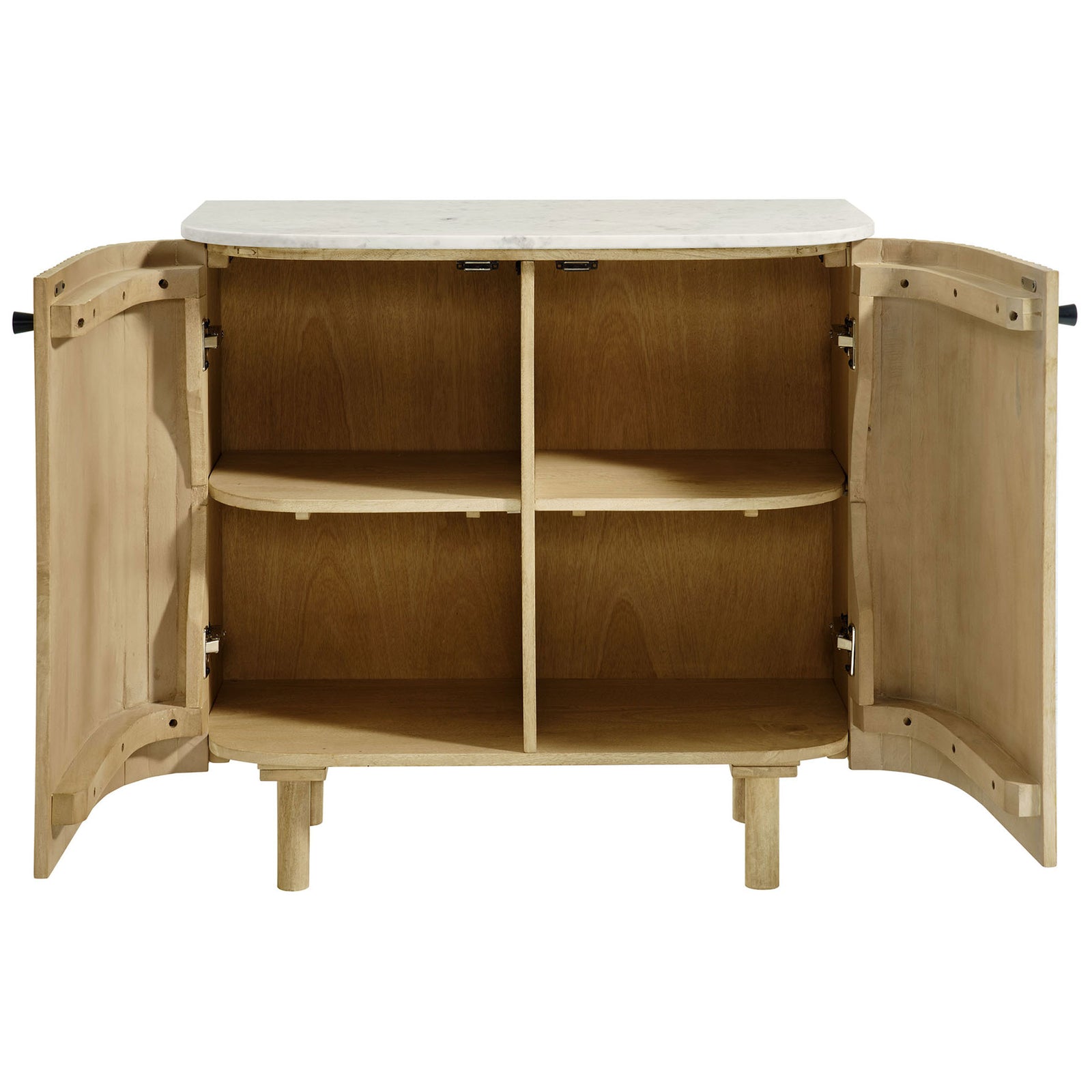 Curved fluted wood cabinet with twin doors open to reveal spacious interior shelving and warm natural finish || EEI-7354-NAT || front_open_studio