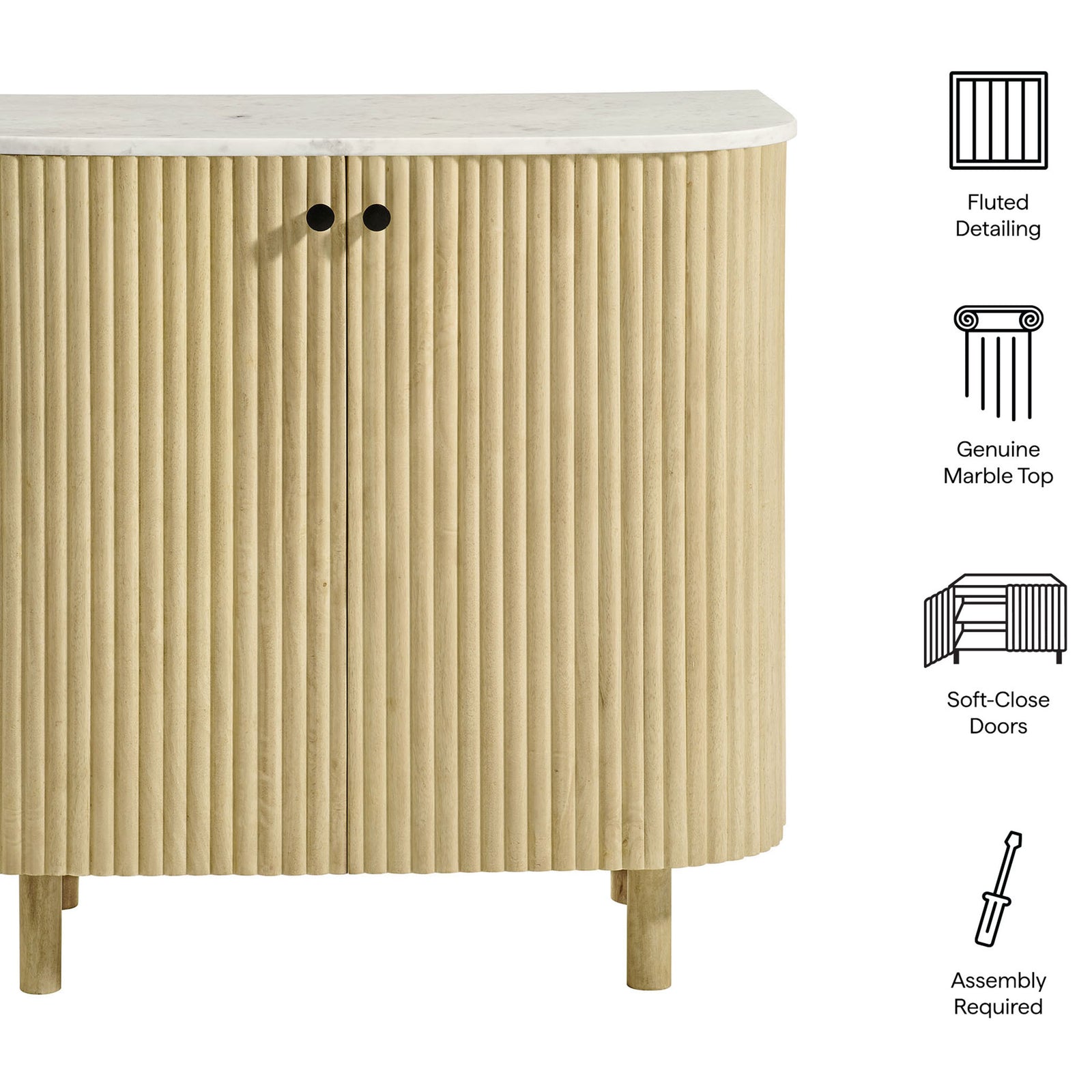 Feature graphic highlighting the cabinet fluted detailing, genuine marble top, and soft-close doors || EEI-7354-NAT || callout_studio
