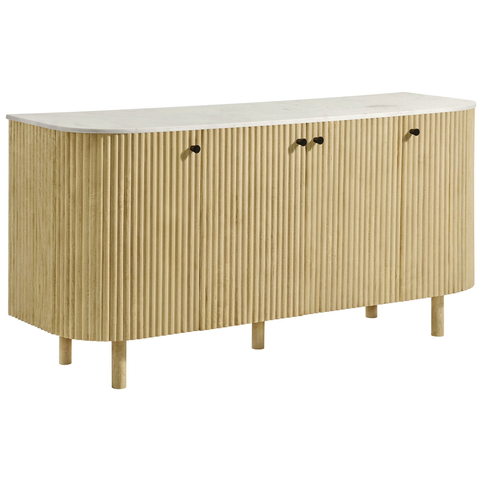 Curved natural wood sideboard with vertical fluting and rounded marble top on slim cylindrical legs || EEI-7355-NAT || front_angle_studio