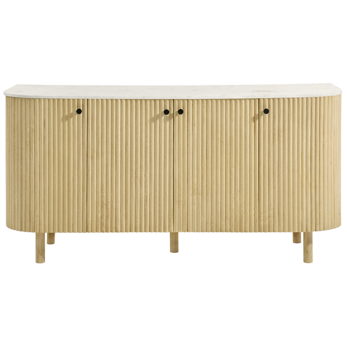 Natural fluted wood sideboard with four black knobs and smooth white marble top || EEI-7355-NAT || front_studio