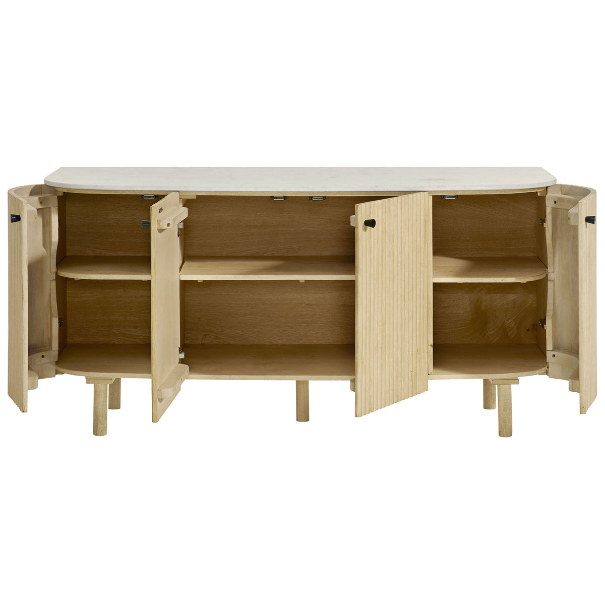 Sideboard cabinet with fluted doors open to reveal three storage compartments and adjustable shelves || EEI-7355-NAT || front_open_studio