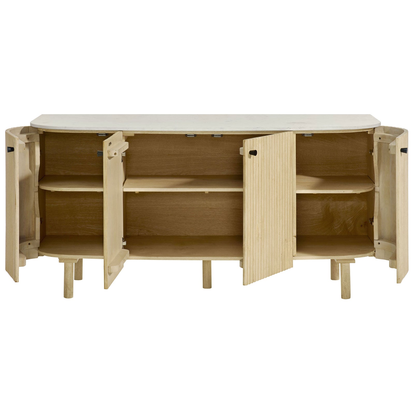Sideboard cabinet with fluted doors open to reveal three storage compartments and adjustable shelves || EEI-7355-NAT || front_open_studio