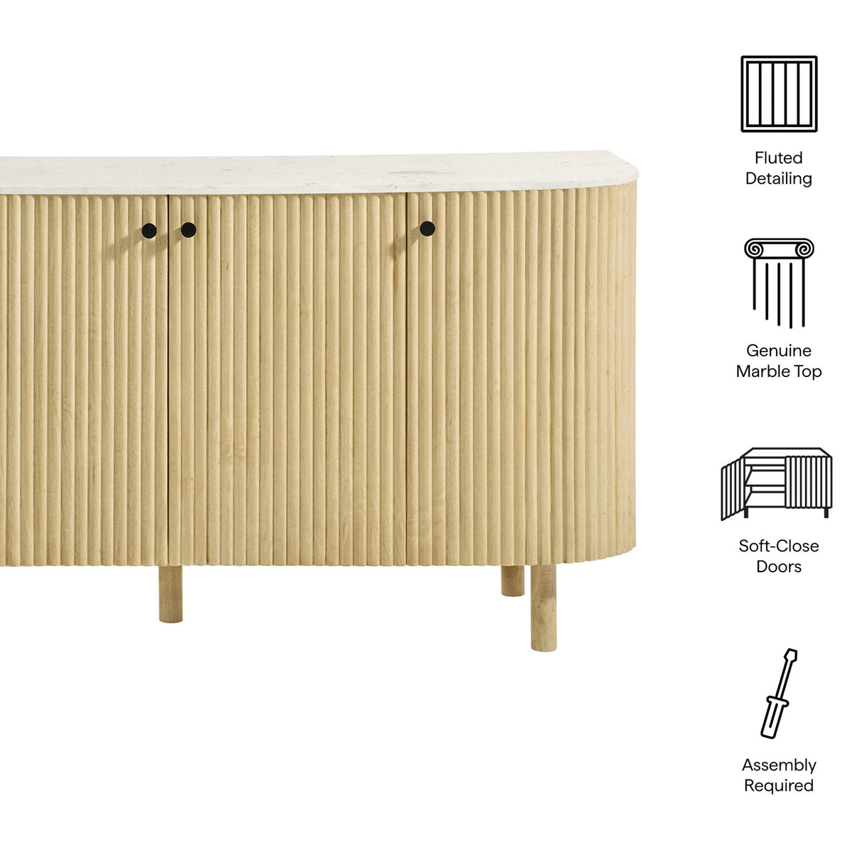 Fluted detailing, marble top, soft close doors, and easy assembly icons || EEI-7355-NAT || callout_studio