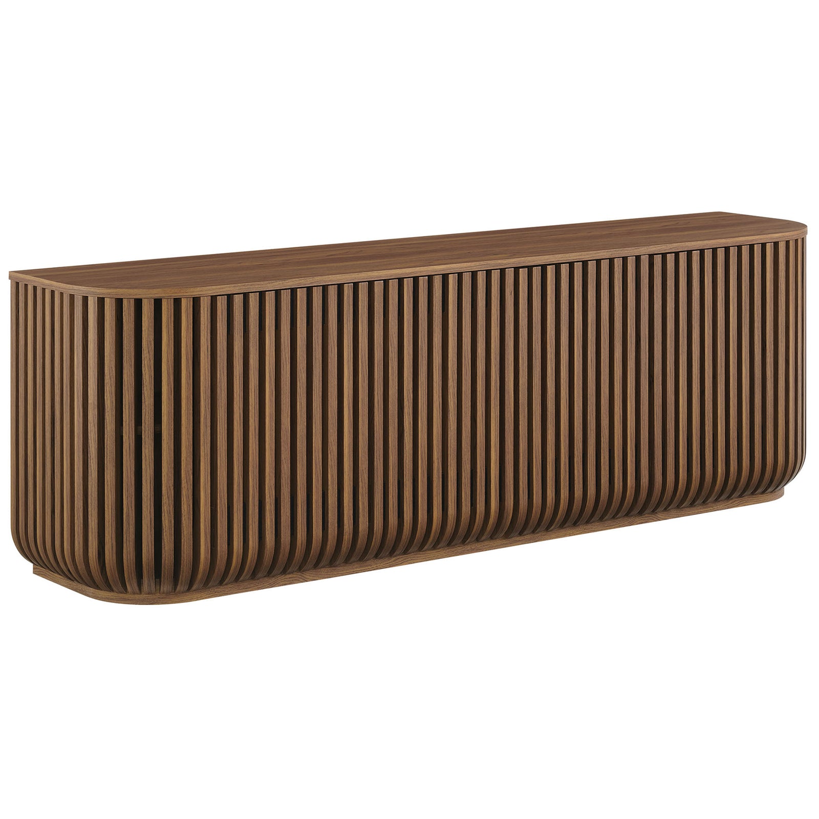 Elongated walnut sideboard with curved corners and vertical timber-style slats wrapping the front and sides || EEI-7359-WAL || front_angle_studio