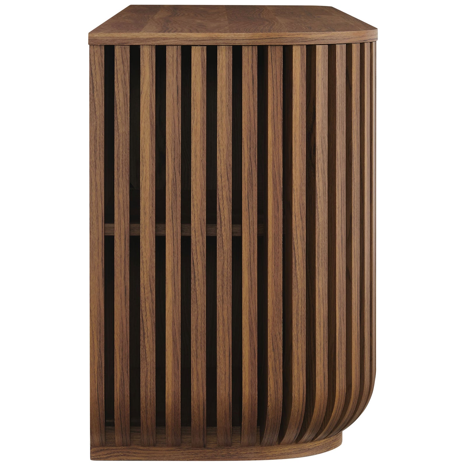 Side profile of the curved walnut sideboard showcasing continuous vertical slats and a rounded base || EEI-7359-WAL || side_studio