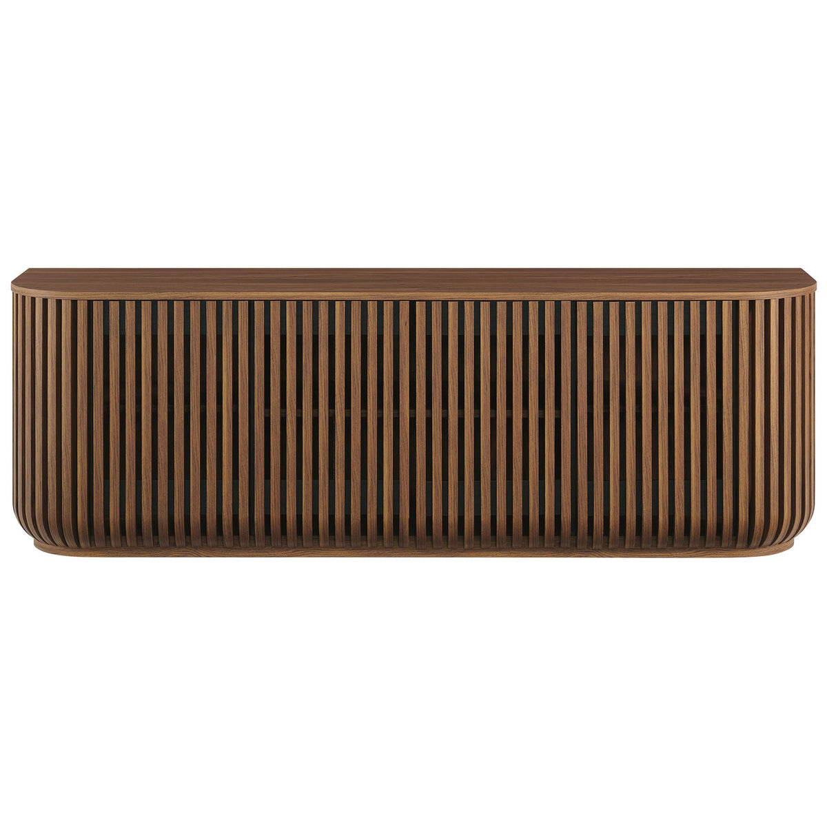 Sculptural walnut sideboard with rounded edges and continuous vertical slatted doors for bold modern storage || EEI-7359-WAL || front_studio