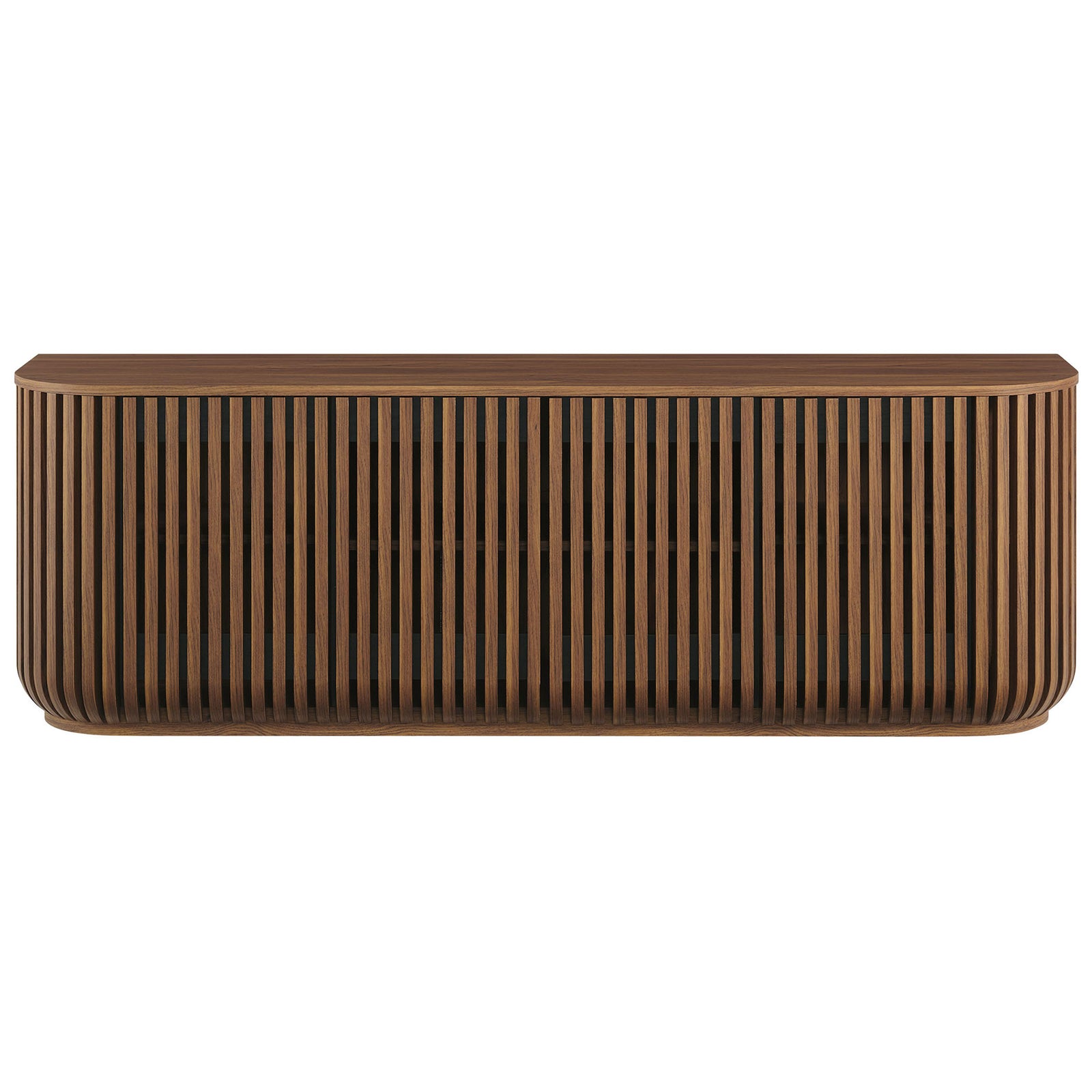 Sculptural walnut sideboard with rounded edges and continuous vertical slatted doors for bold modern storage || EEI-7359-WAL || front_studio