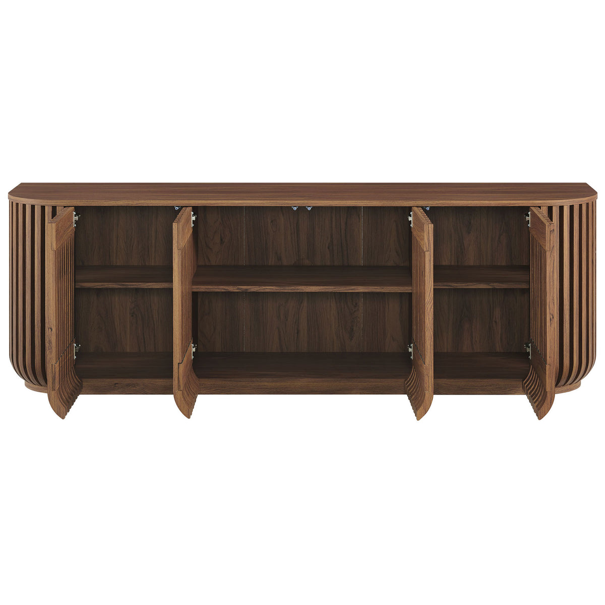 Walnut sideboard with all four slatted doors open, revealing spacious shelving for versatile concealed storage || EEI-7359-WAL || front_open_studio