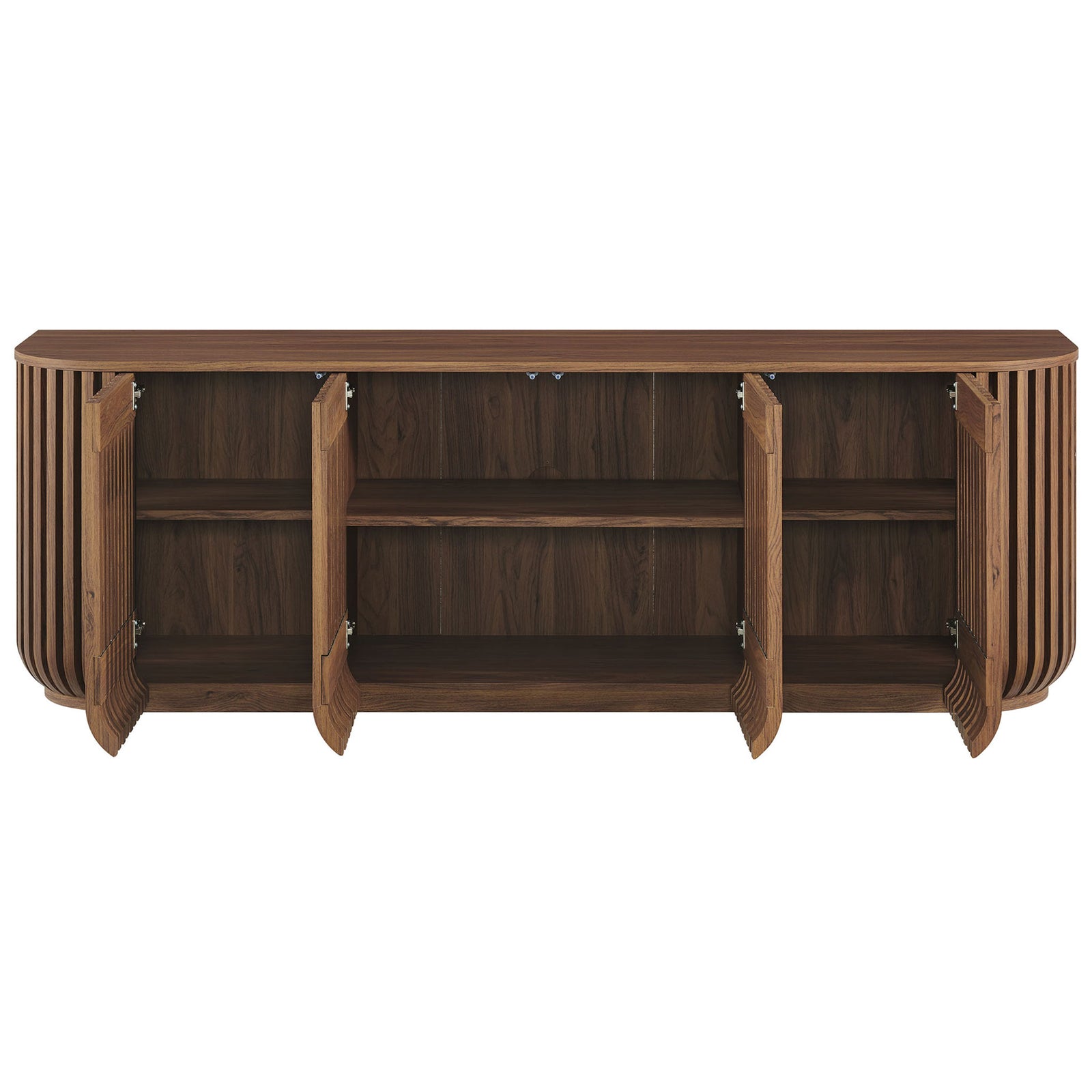 Walnut sideboard with all four slatted doors open, revealing spacious shelving for versatile concealed storage || EEI-7359-WAL || front_open_studio