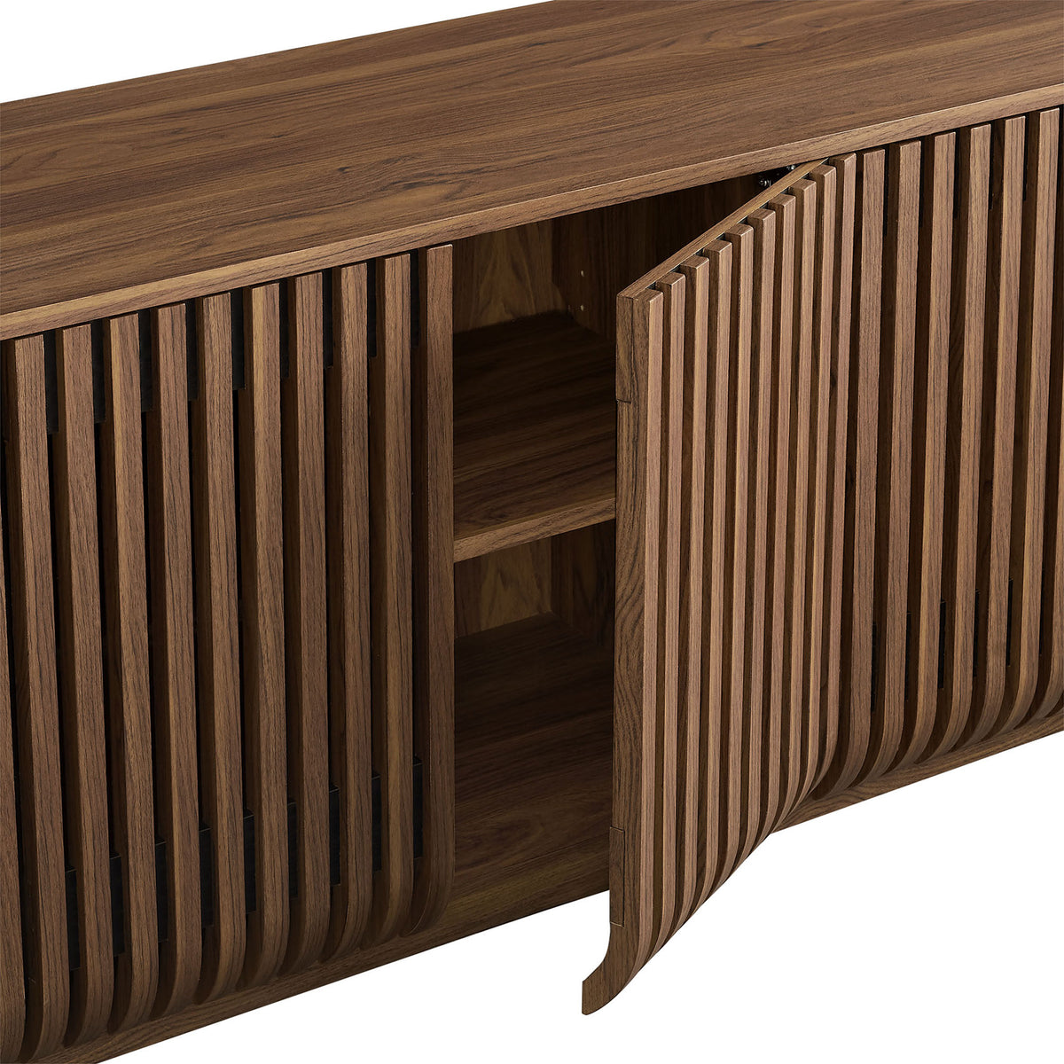 Walnut cabinet door swings open to show interior shelving and the seamless push-to-open storage design || EEI-7359-WAL || storage_open_studio