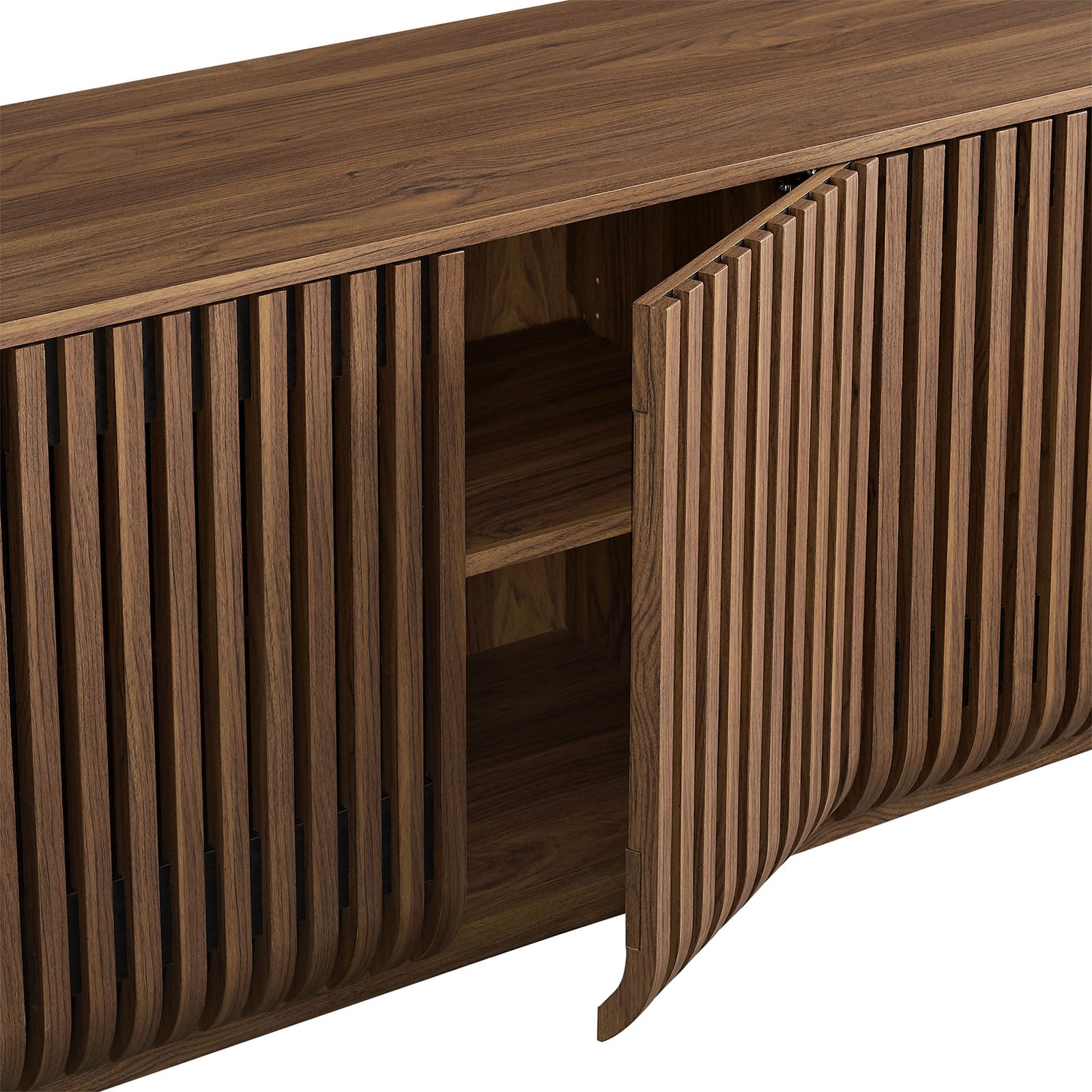 Walnut cabinet door swings open to show interior shelving and the seamless push-to-open storage design || EEI-7359-WAL || storage_open_studio