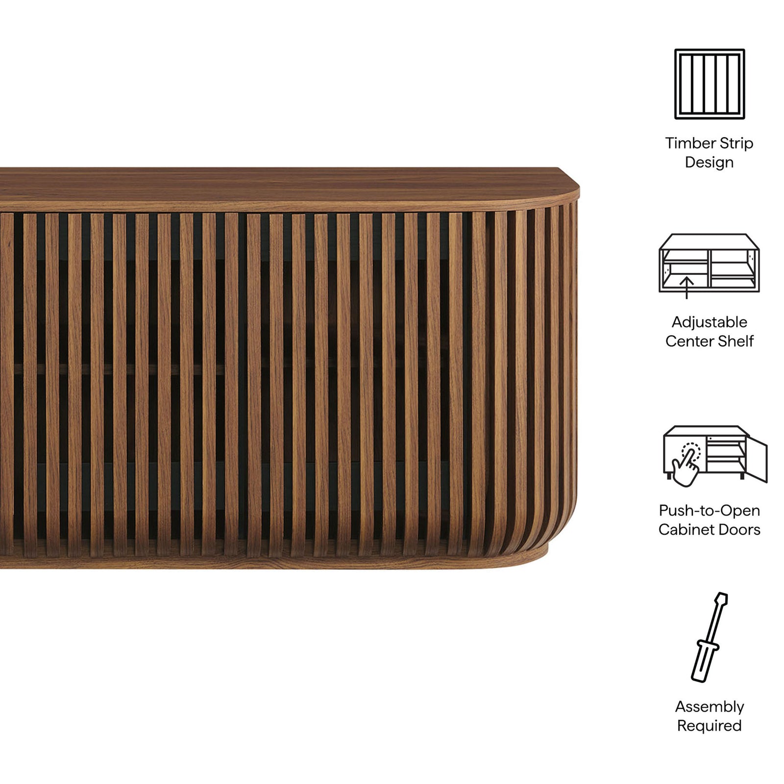 Feature callouts highlight the timber strip design, adjustable shelf, push-to-open doors, and easy assembly || EEI-7359-WAL || callout_studio