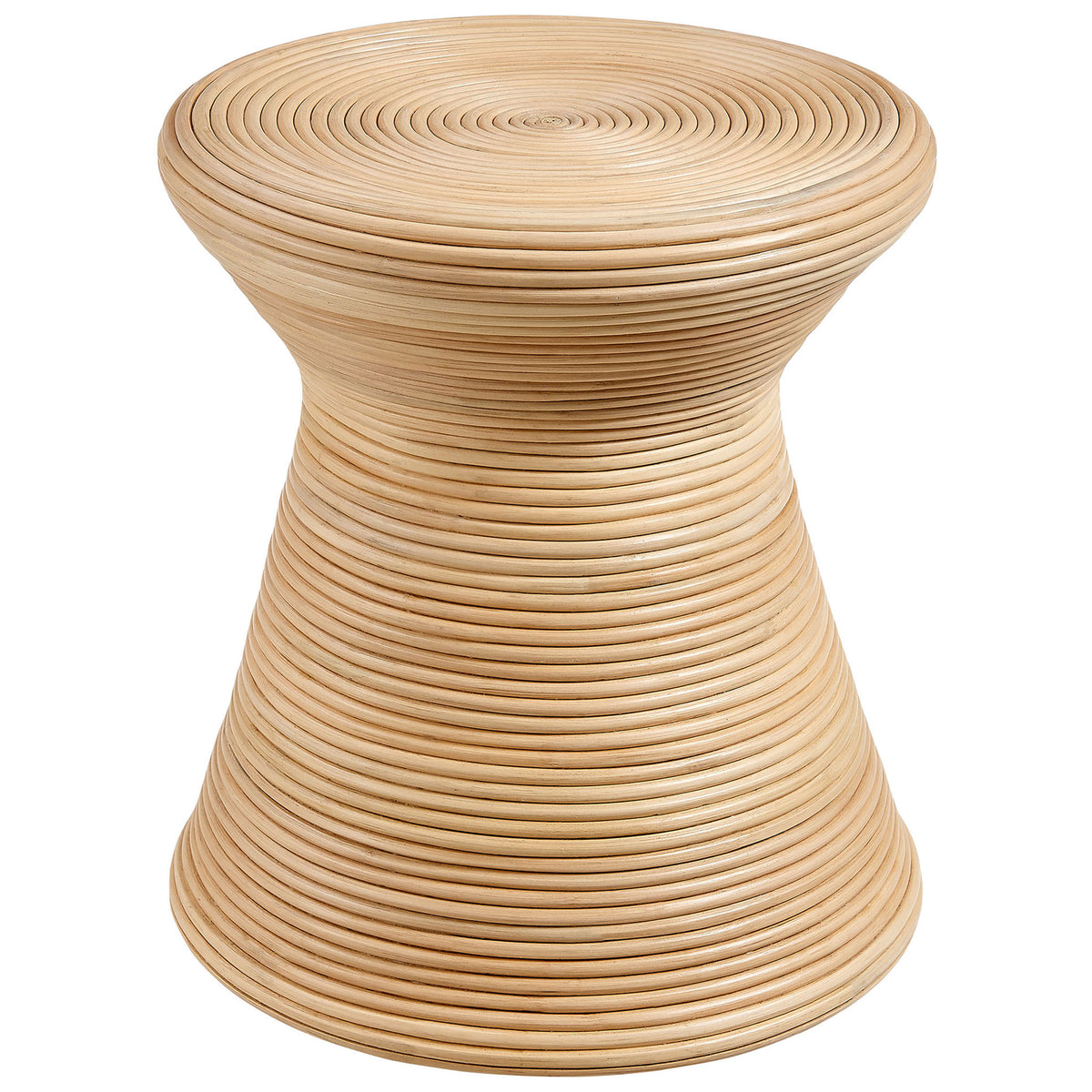 Natural rattan hourglass side table with sculptural curves and tightly wrapped concentric lines || EEI-7360-NAT || front_angle_studio